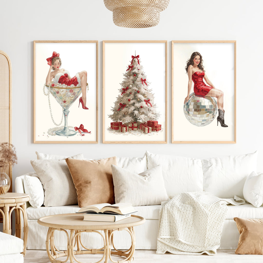 Christmas Art Prints – Pin-Up Holiday Decor, White Tree & Retro Disco Ball