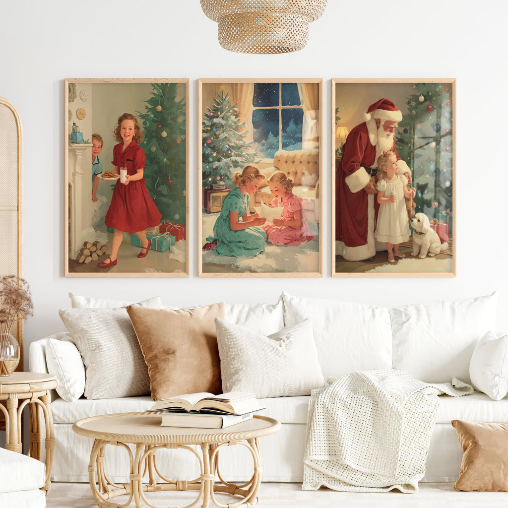 Christmas Holiday Wall Art Set – Vintage Kids & Santa Scene