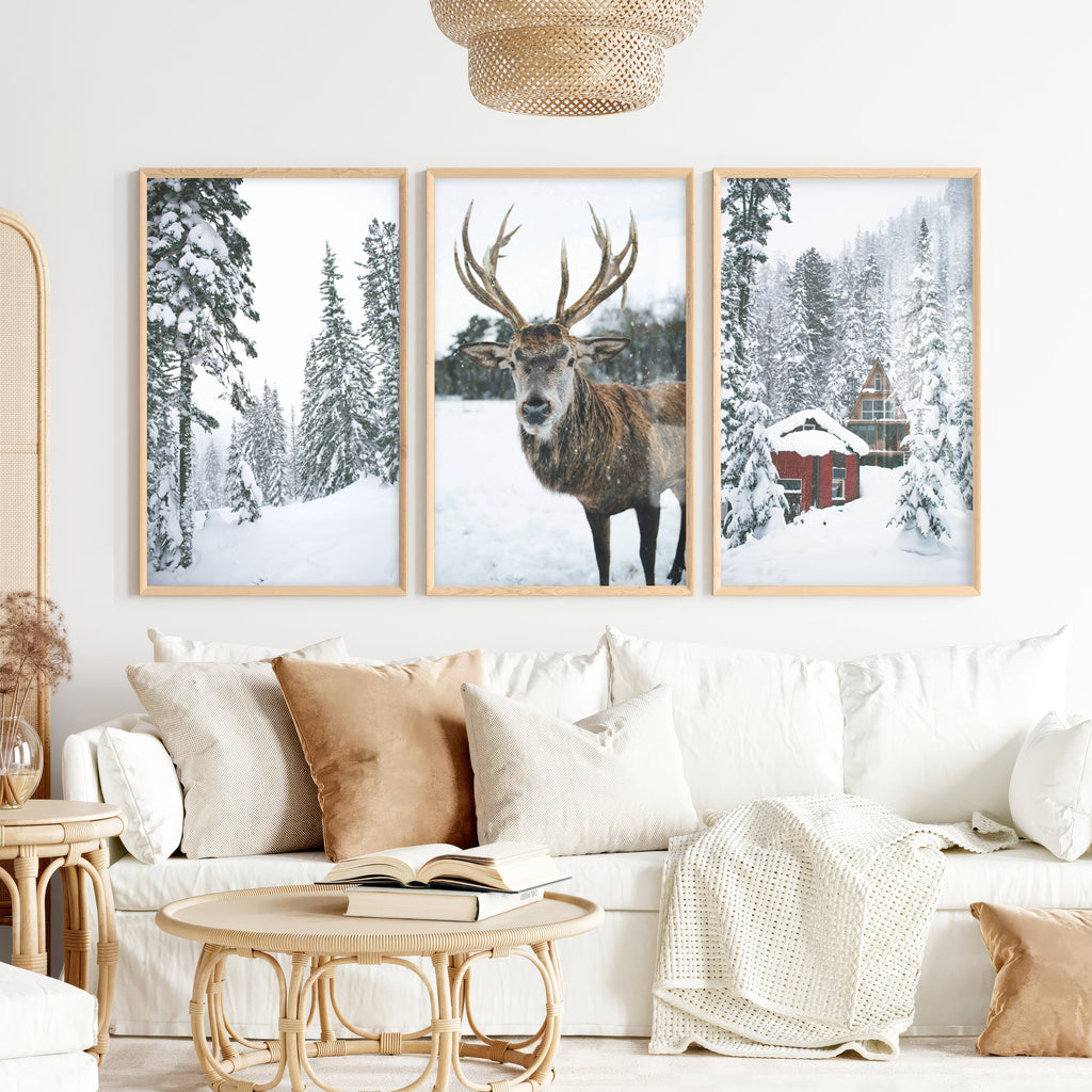 Christmas Mood Wall Art Prints. Red Log Cabin, Deer