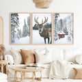 Christmas Mood Wall Art Prints. Red Log Cabin, Deer