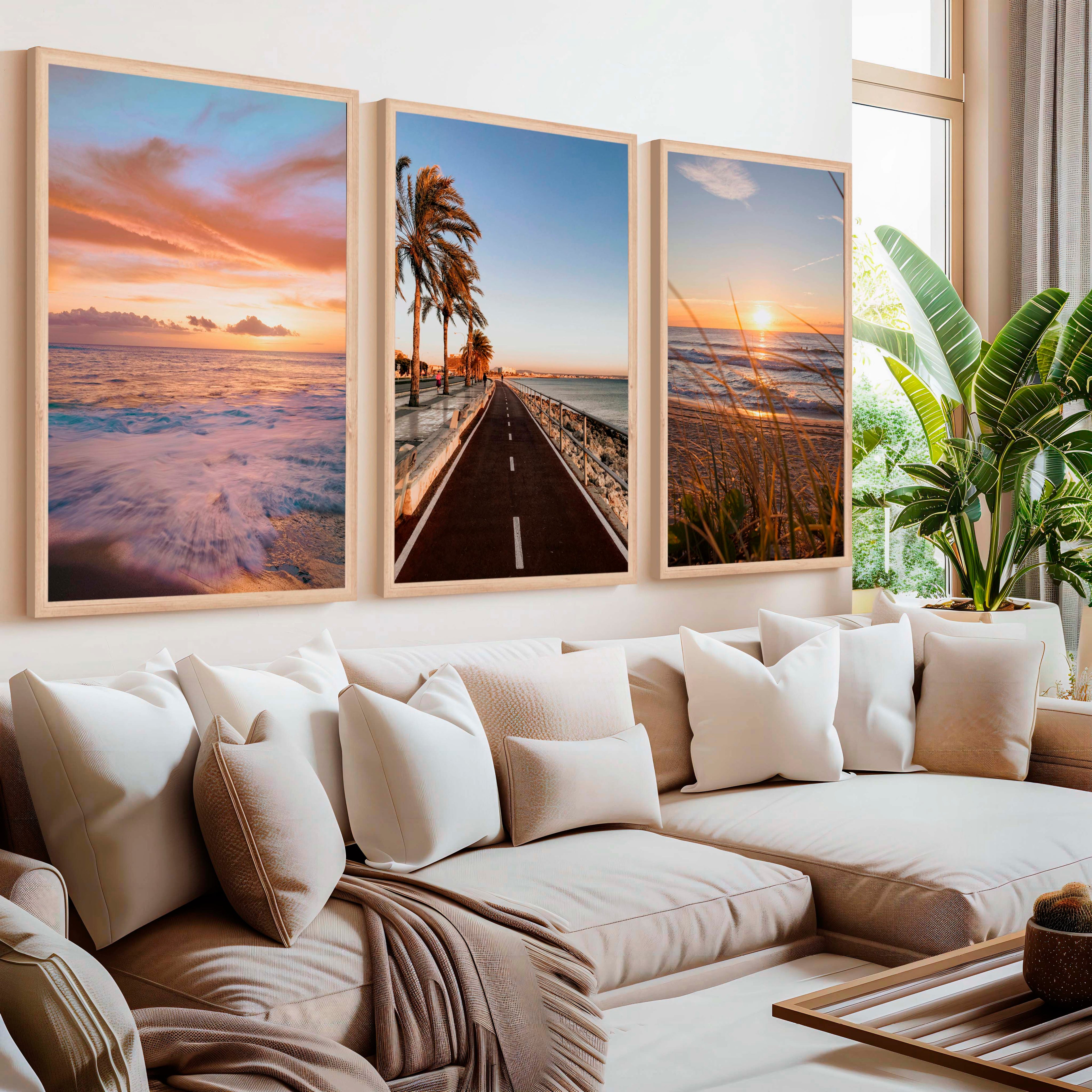 Coastal Artwork Prints – Golden Sunset, Beach Path, Ocean Horizon (Set of 3)