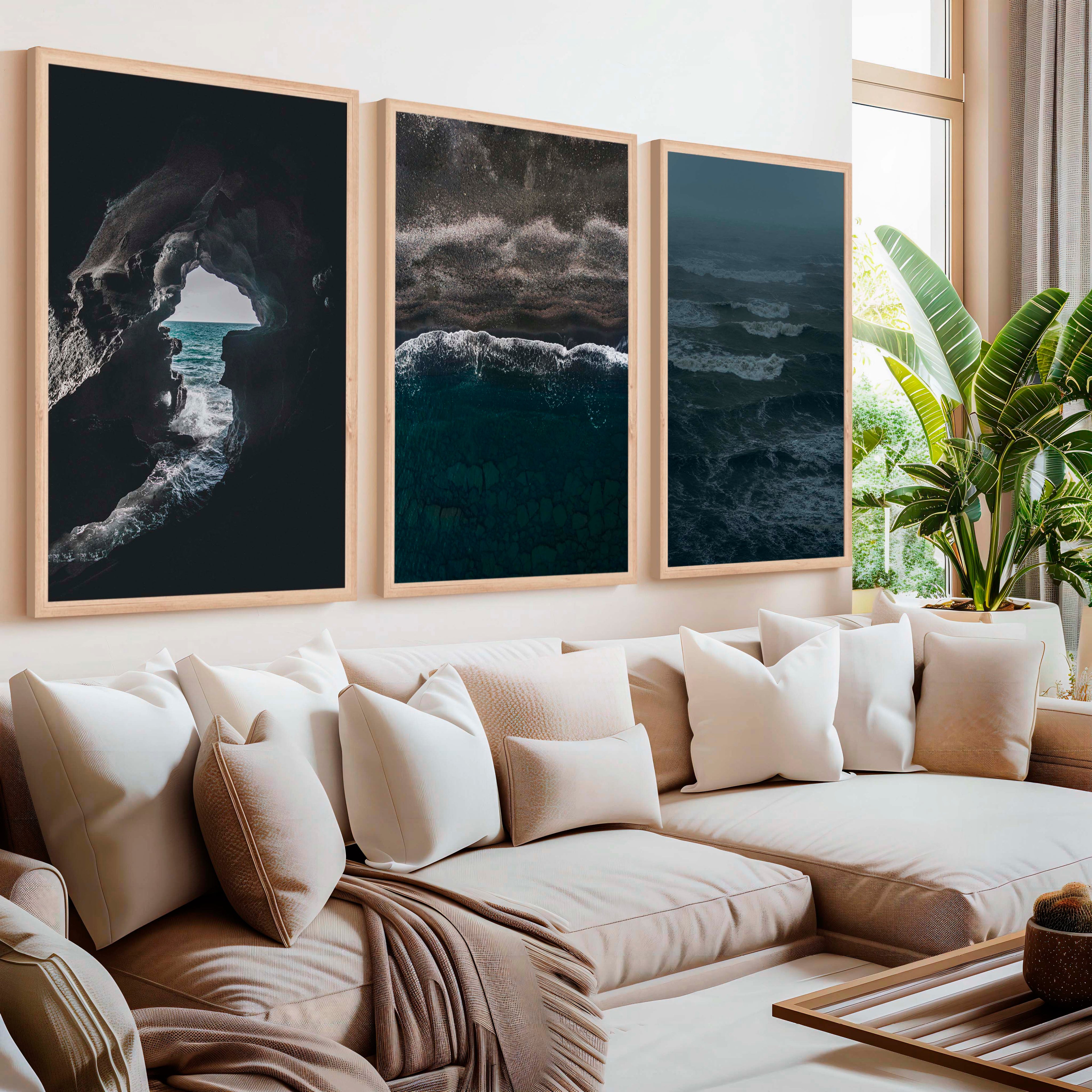 Coastal Beach Prints – Ocean Cave, Black Sand & Stormy Sea (3 Pieces)