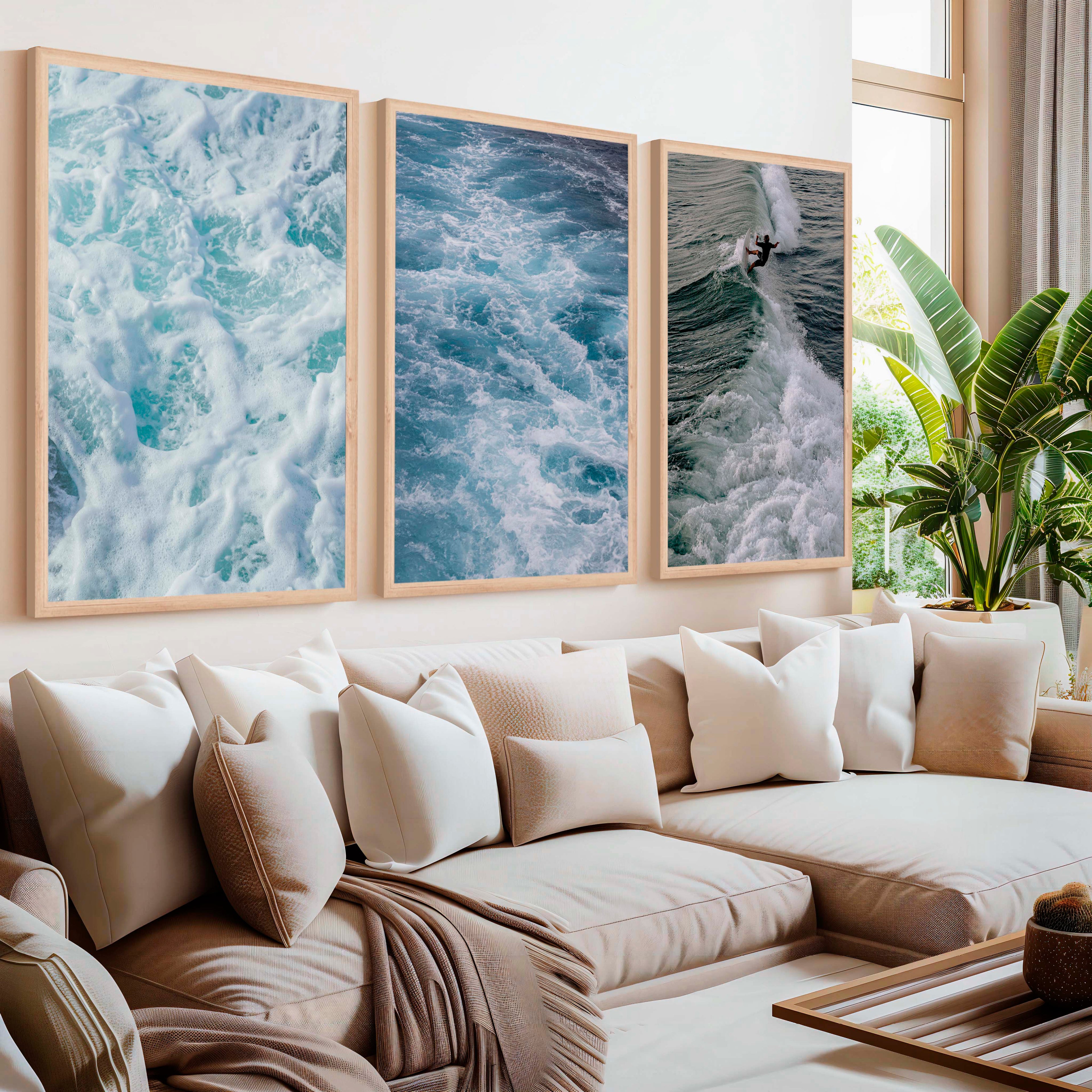 Coastal Decor Artwork – Surfer Riding Ocean Wave (Set of 3)