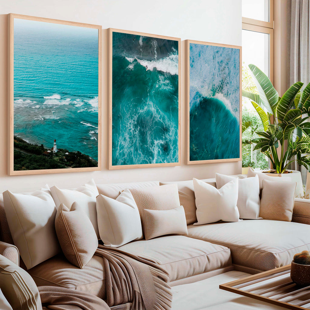 Coastal Modern Wall Art – Ocean Waves & Aerial Sea Textures (Set of 3)
