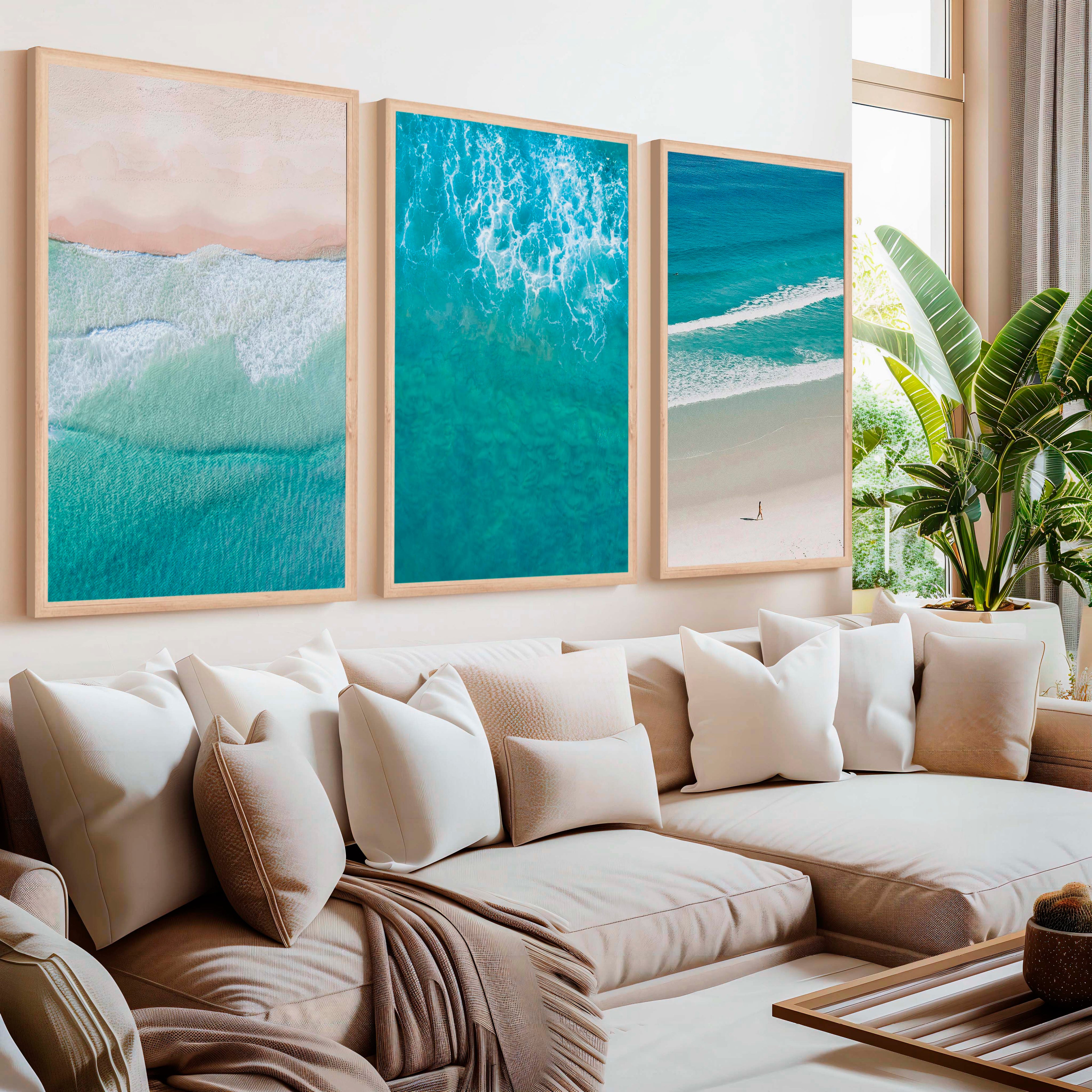 Coastal Prints Wall Art – Aerial Beach & Turquoise Shoreline Set (3 Pieces)