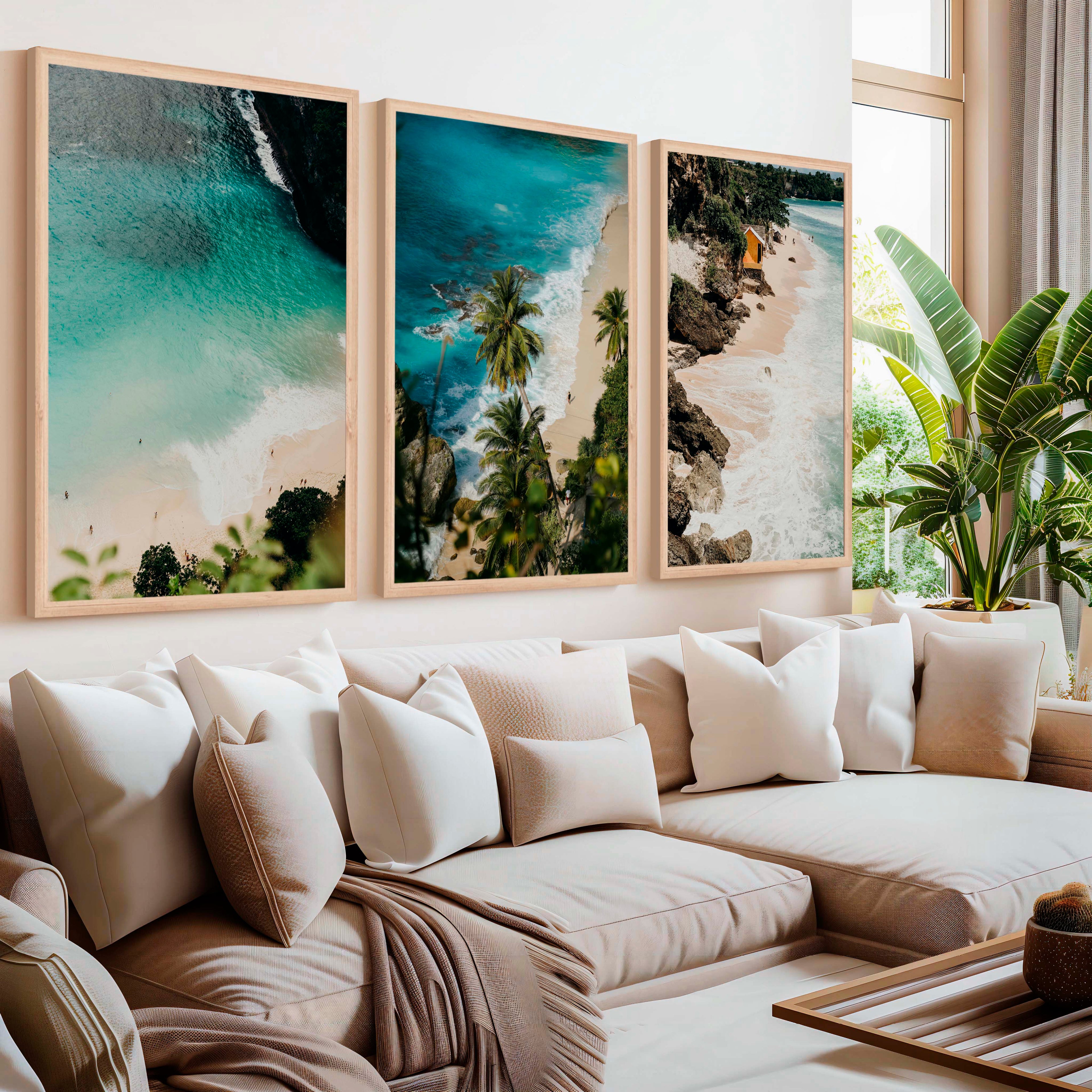 Coastal Style Artwork – Cliffs, Palms & Beach Retreat (Set of 3)