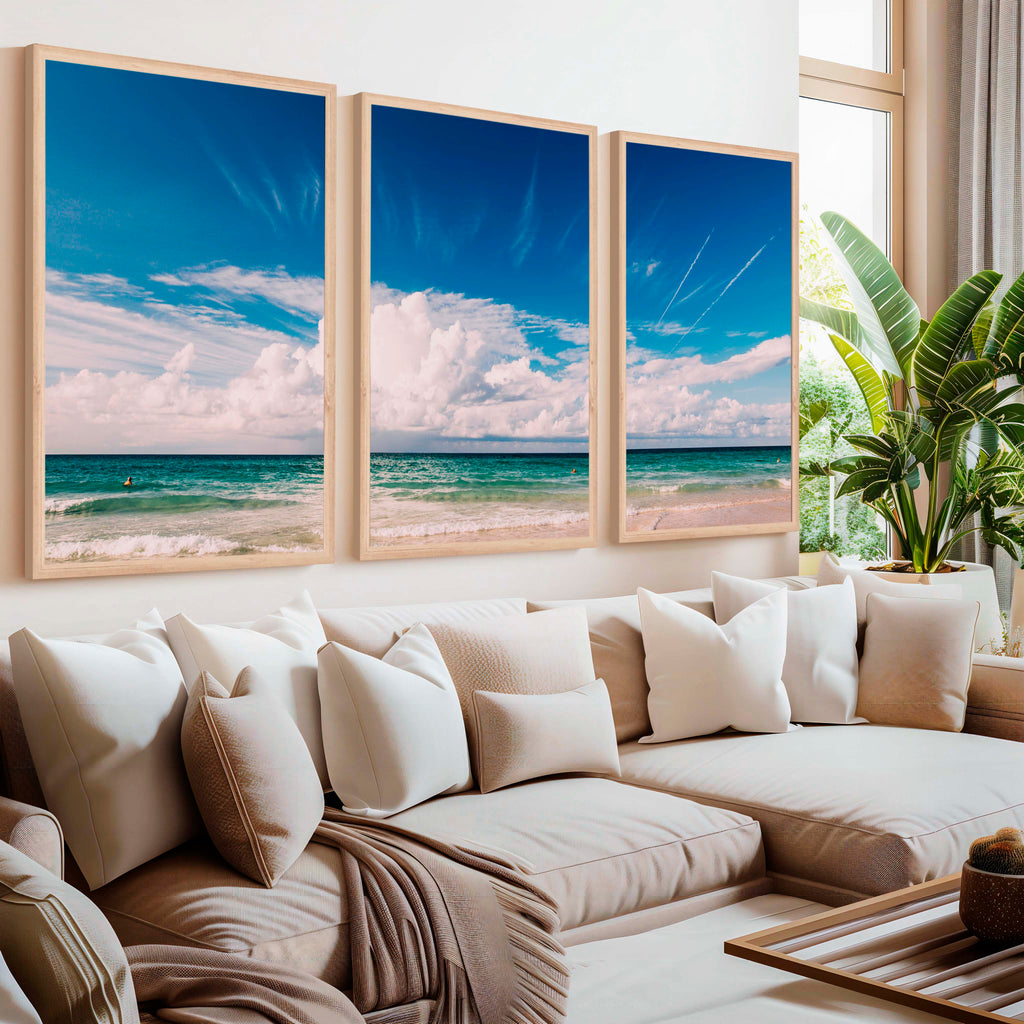 Coastal Themed Wall Art Triptych – Waves, Clouds, and Open Sky