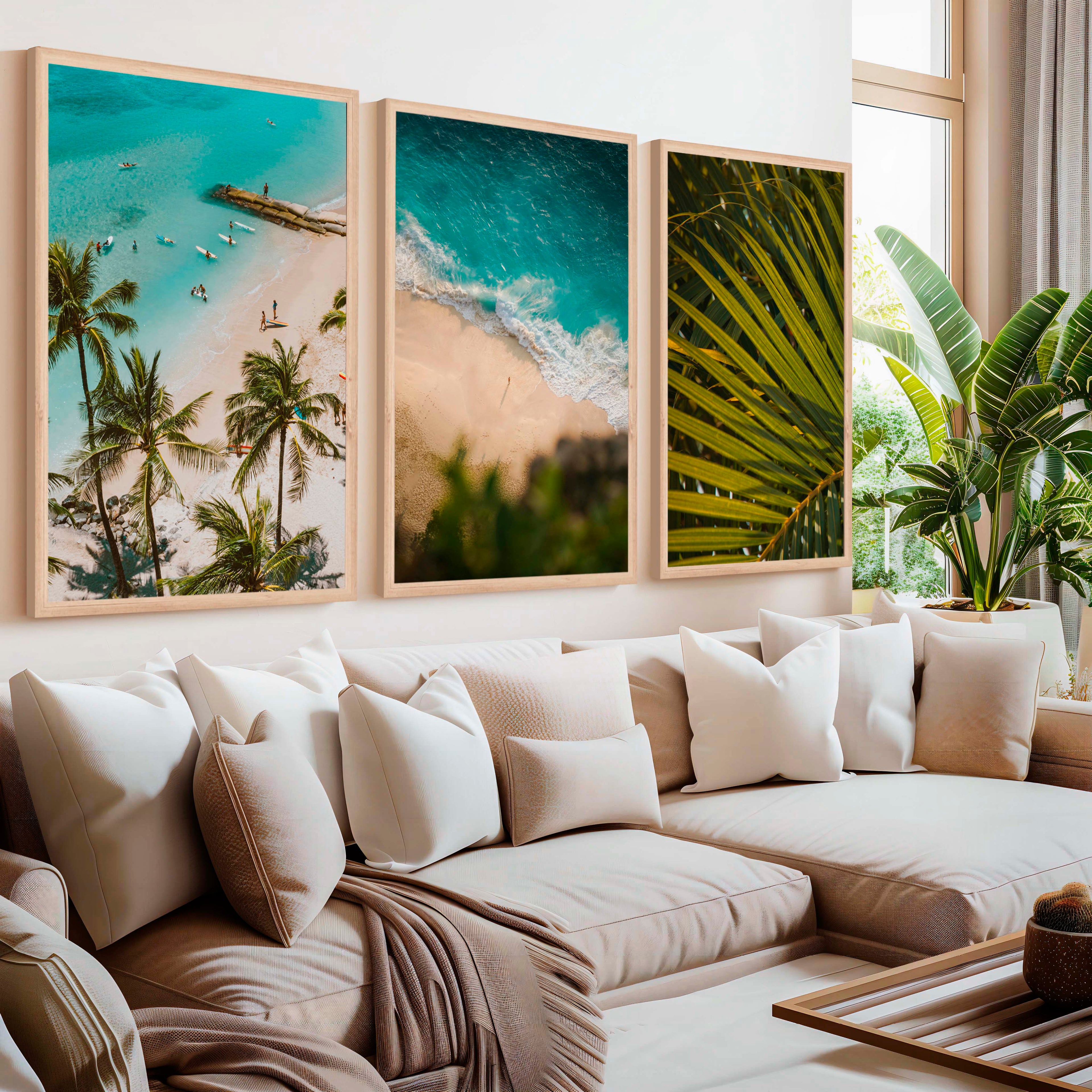 Coastal Wall Art and Decor – Surf, Beach & Palm Set (3 Prints)
