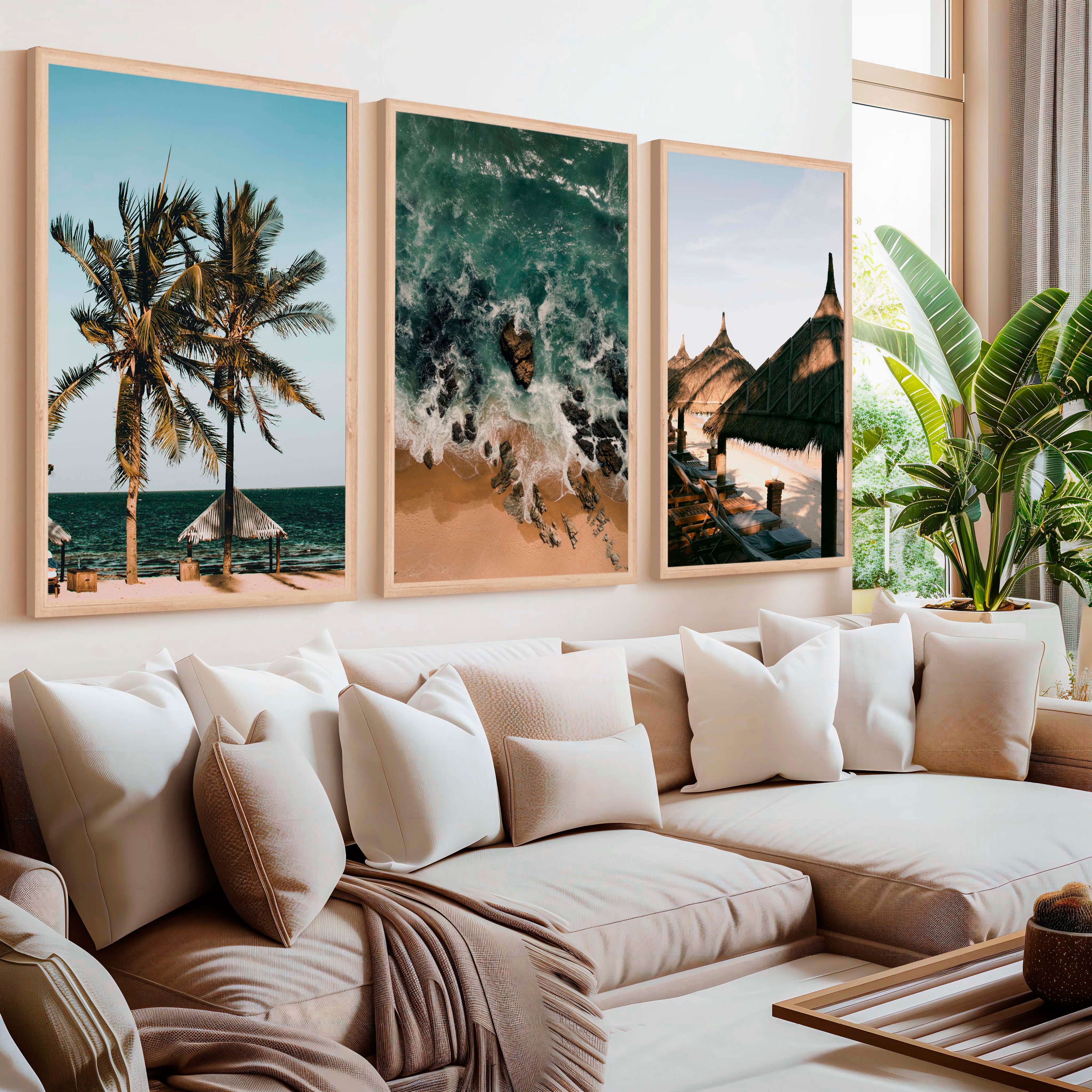 Coastal Wall Artwork – Tropical Beach Huts & Ocean Prints (Set of 3)