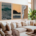 Coastal Wall Collage – Footprints, Sunset, and Ocean Textures (3 Prints)