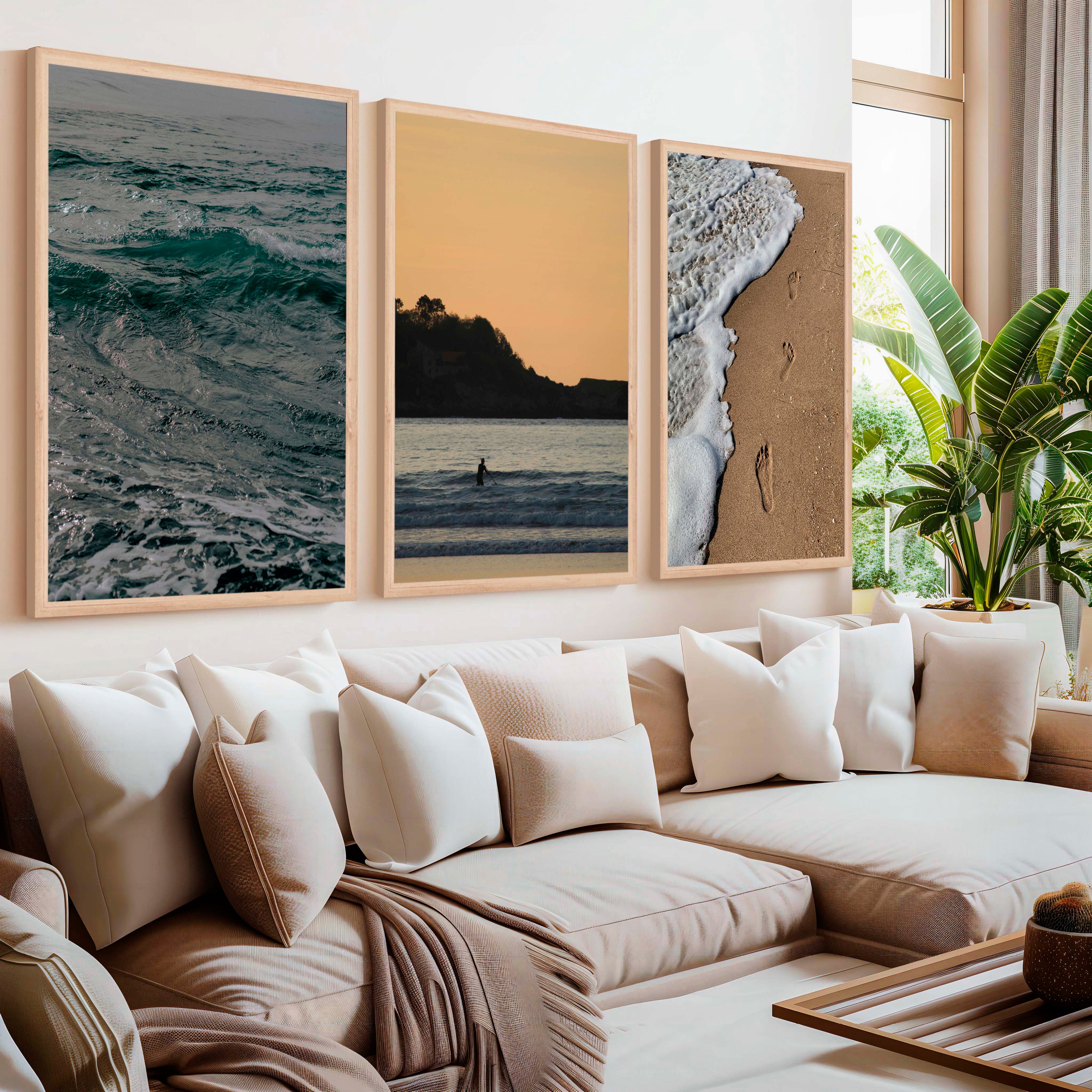 Coastal Wall Collage – Footprints, Sunset, and Ocean Textures (3 Prints)