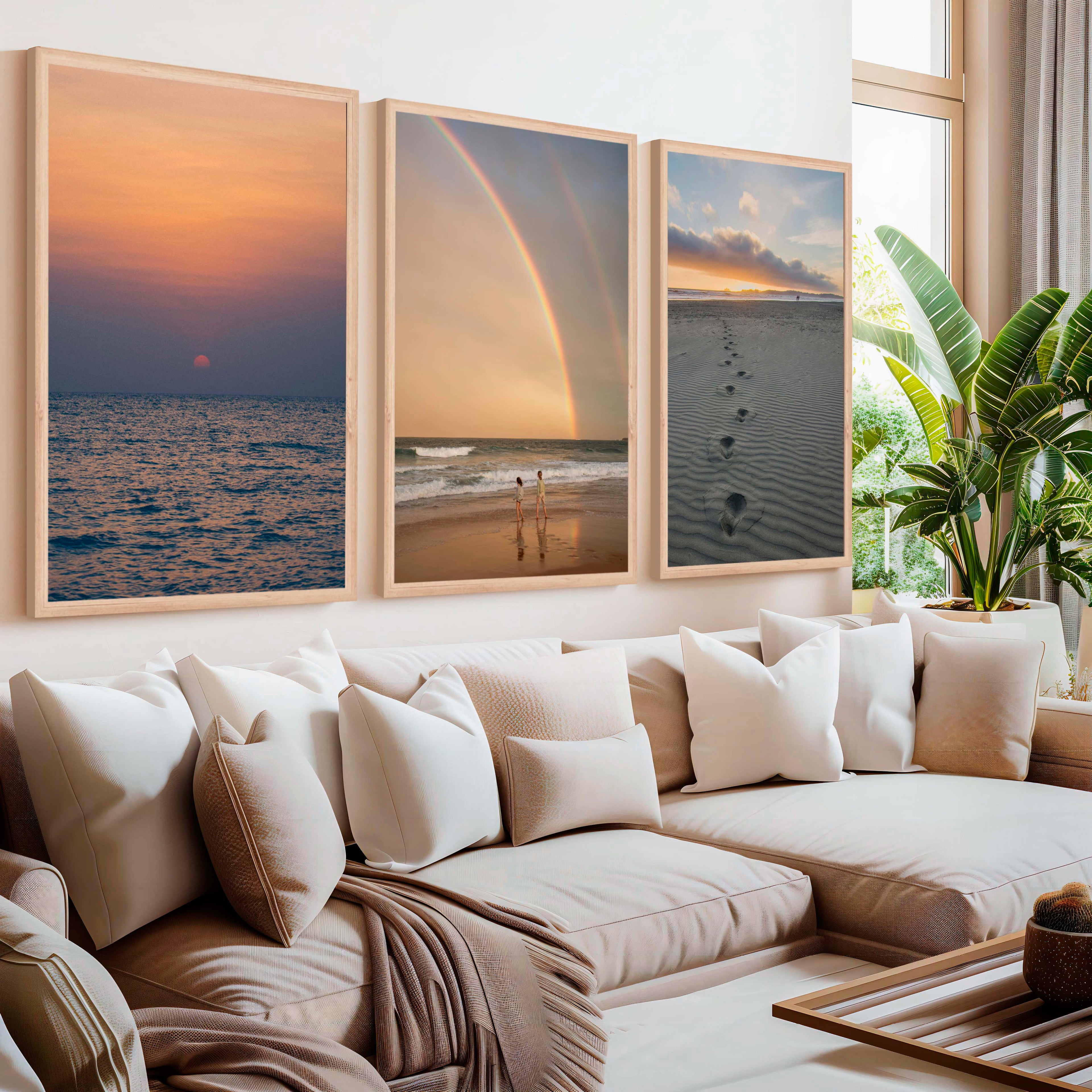 Coastal Wall Pictures – Sunset, Rainbow & Footprints (Set of 3)