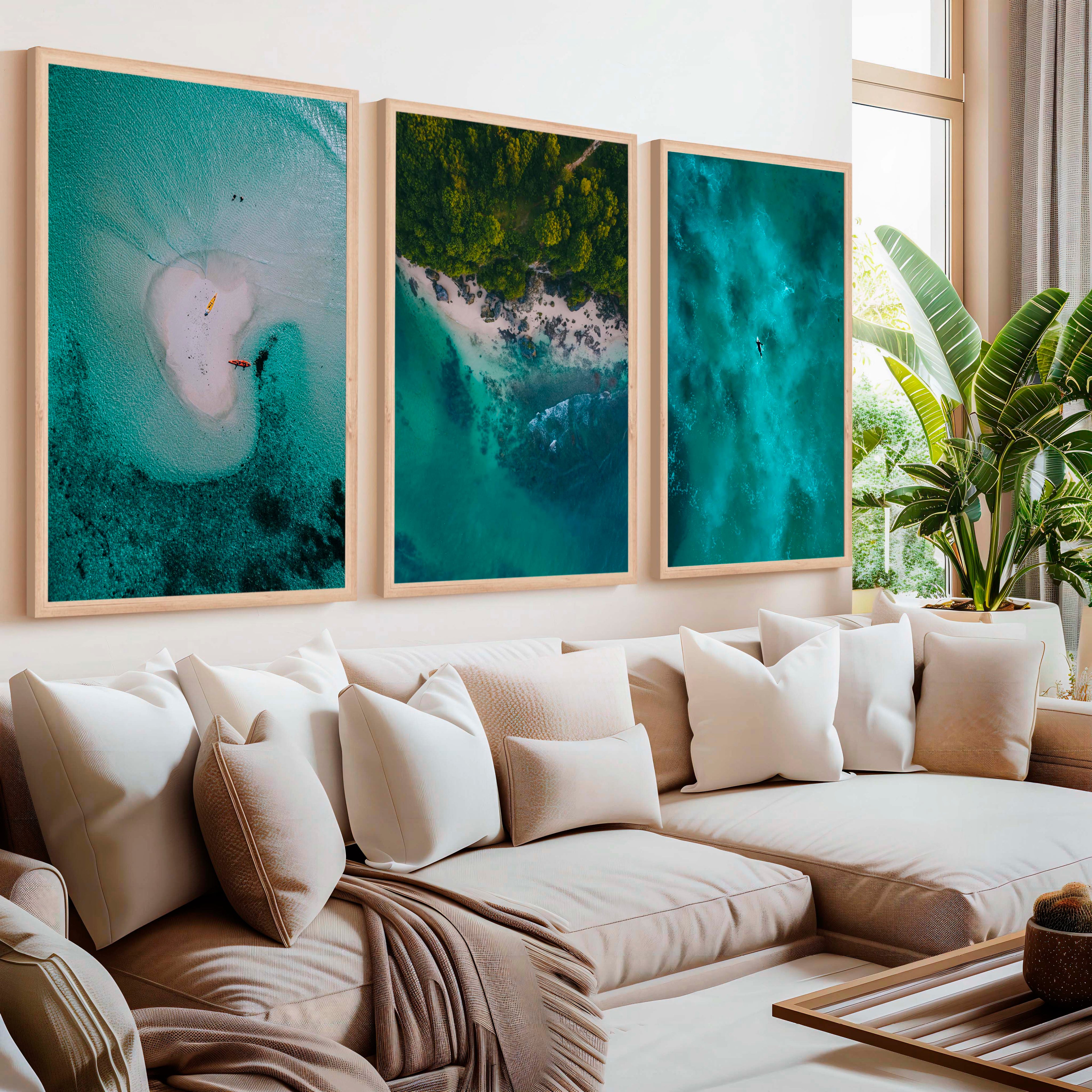 Coastline Wall Art – Aerial Kayak & Ocean Textures (Set of 3)