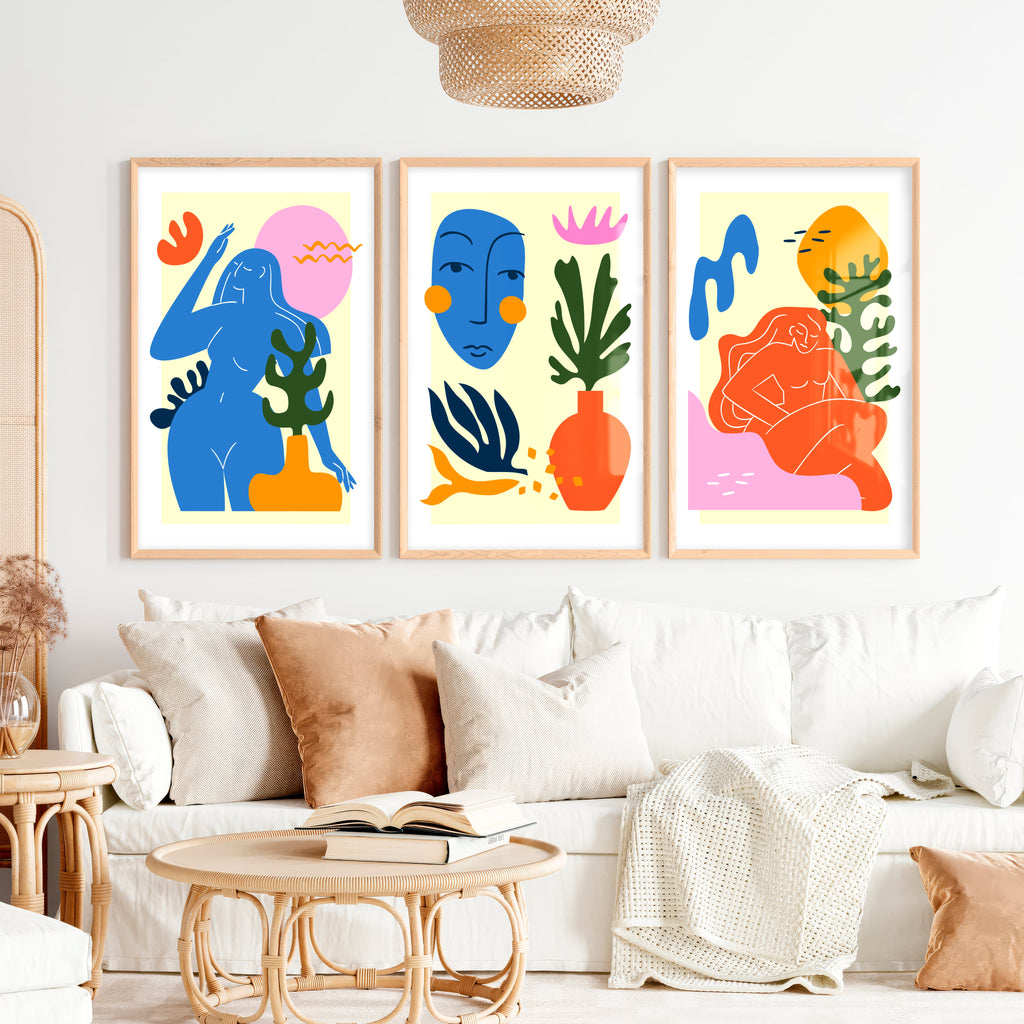 Colorful Abstract Art Paintings Matisse Inspired Figure Set of 3