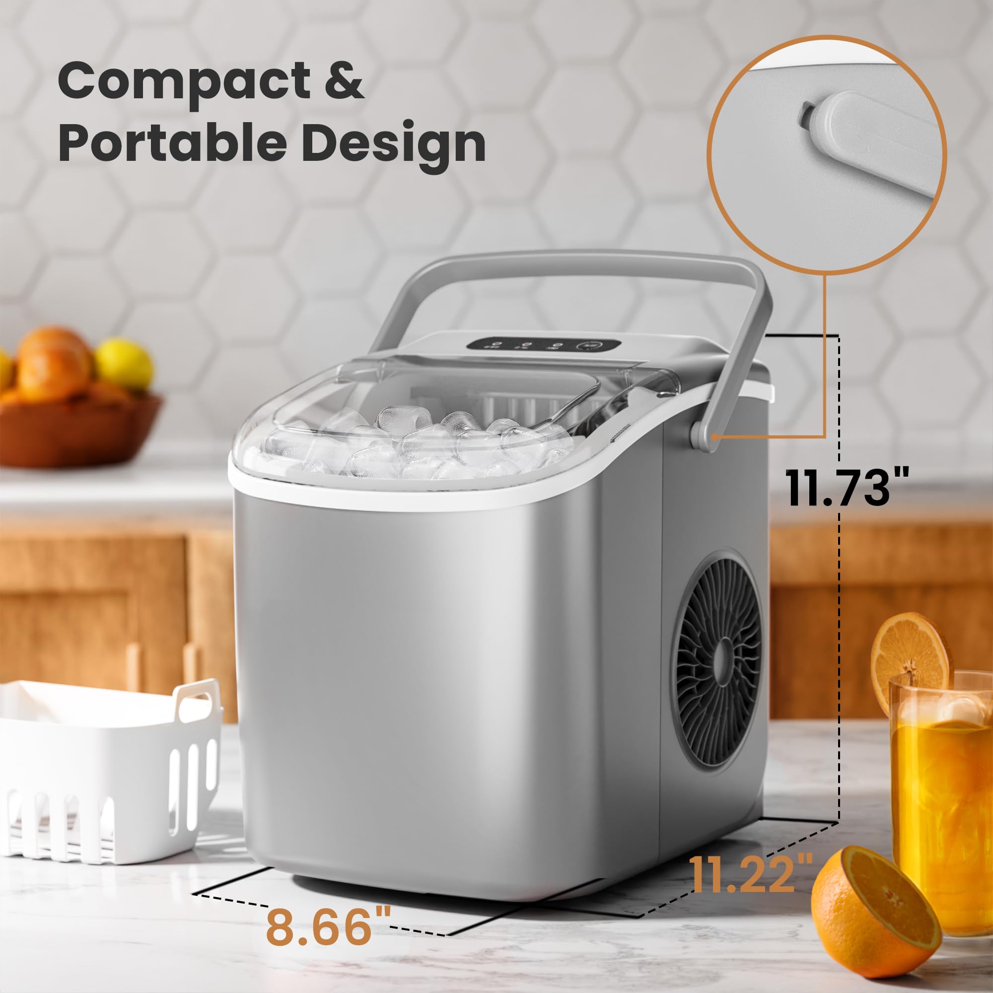 Countertop Ice Maker Machine with Handle, 9 Bullet-Shaped Ice Cubes Ready in 6 Mins, 26Lbs/24H, Self-Cleaning Function with Ice Scoop and Basket for Home/Kitchen/Party (Grey)