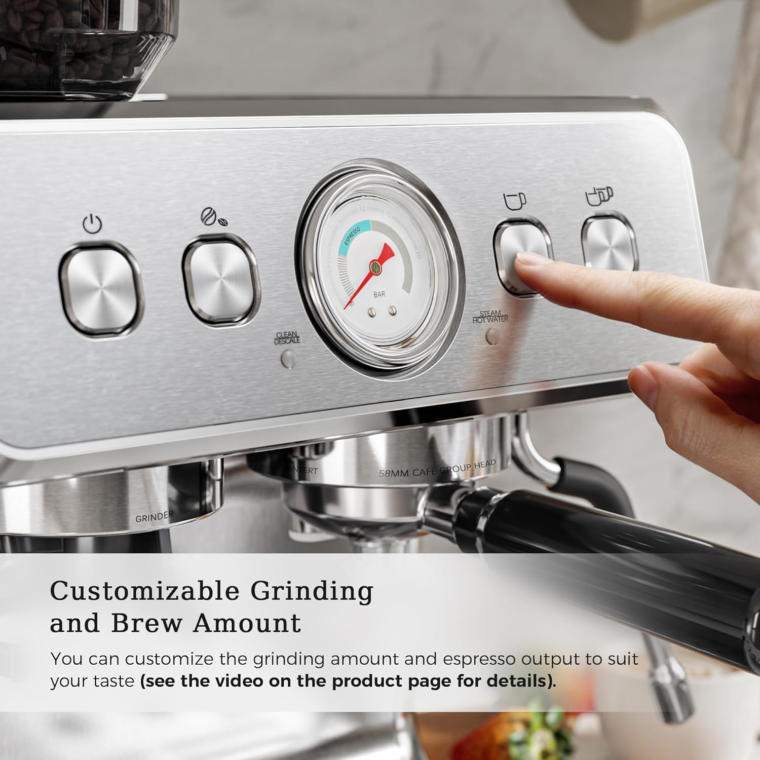 Espresso Machine ,Semi-Automatic Coffee Maker with Bean Grinder and Milk Frother Steam Wand CM8050