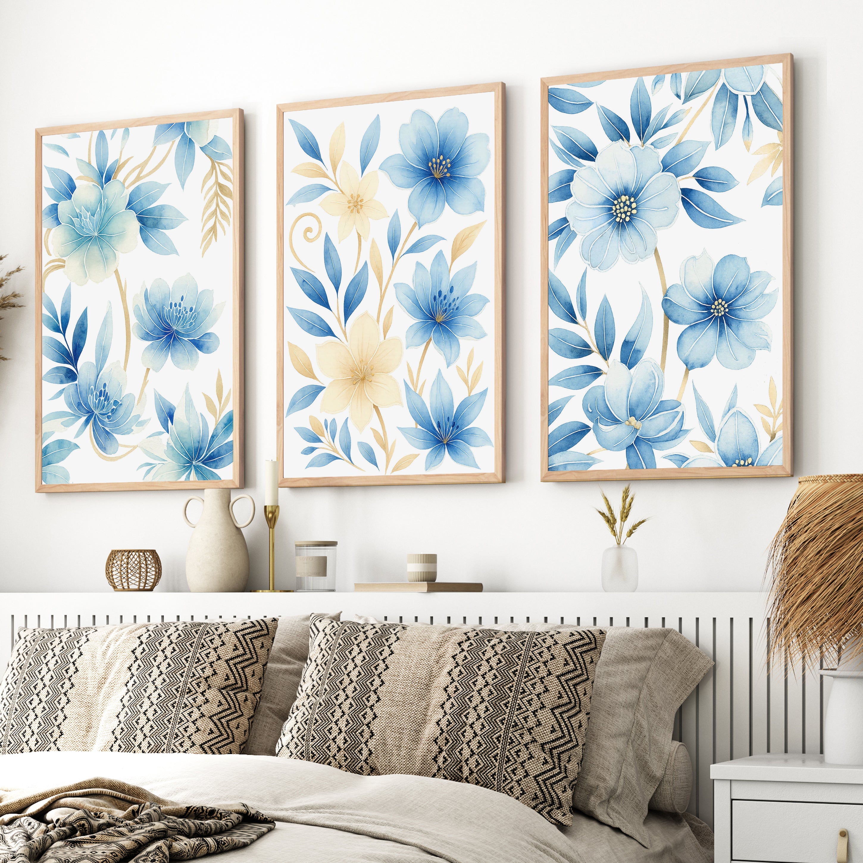 Floral Painting on Wall – Blue Botanical Set of 3