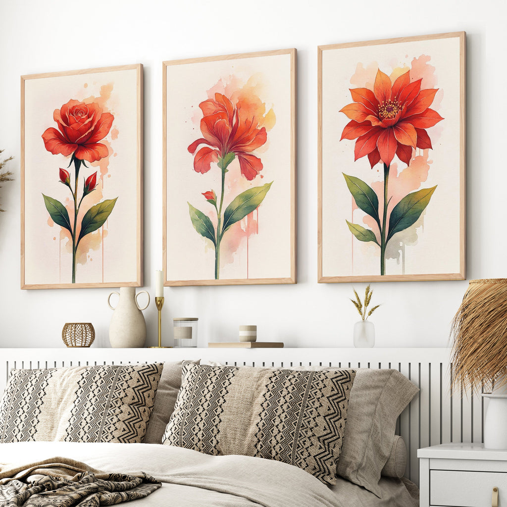 Floral Posters – Red Flowers Watercolor Set of 3