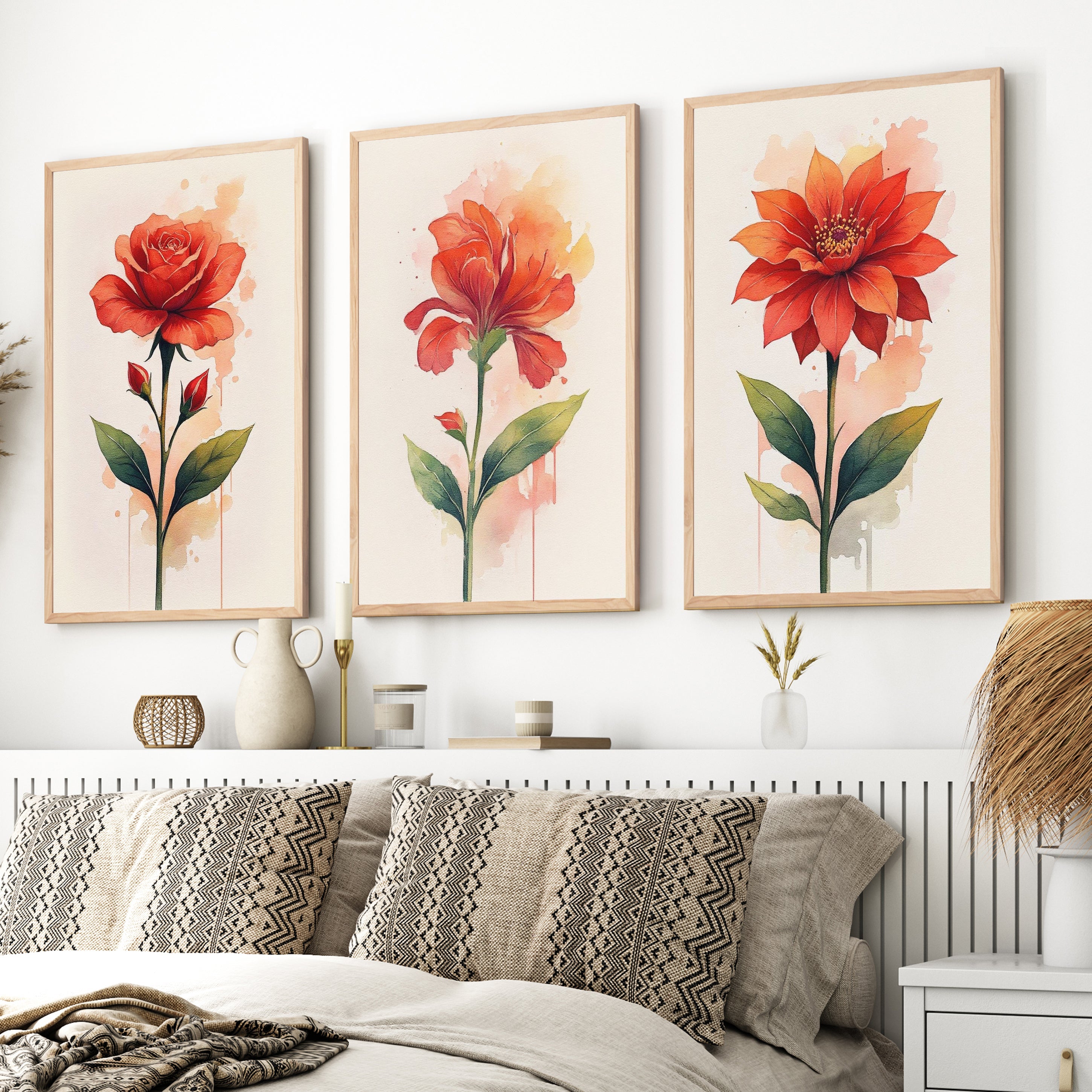 Floral Posters – Red Flowers Watercolor Set of 3