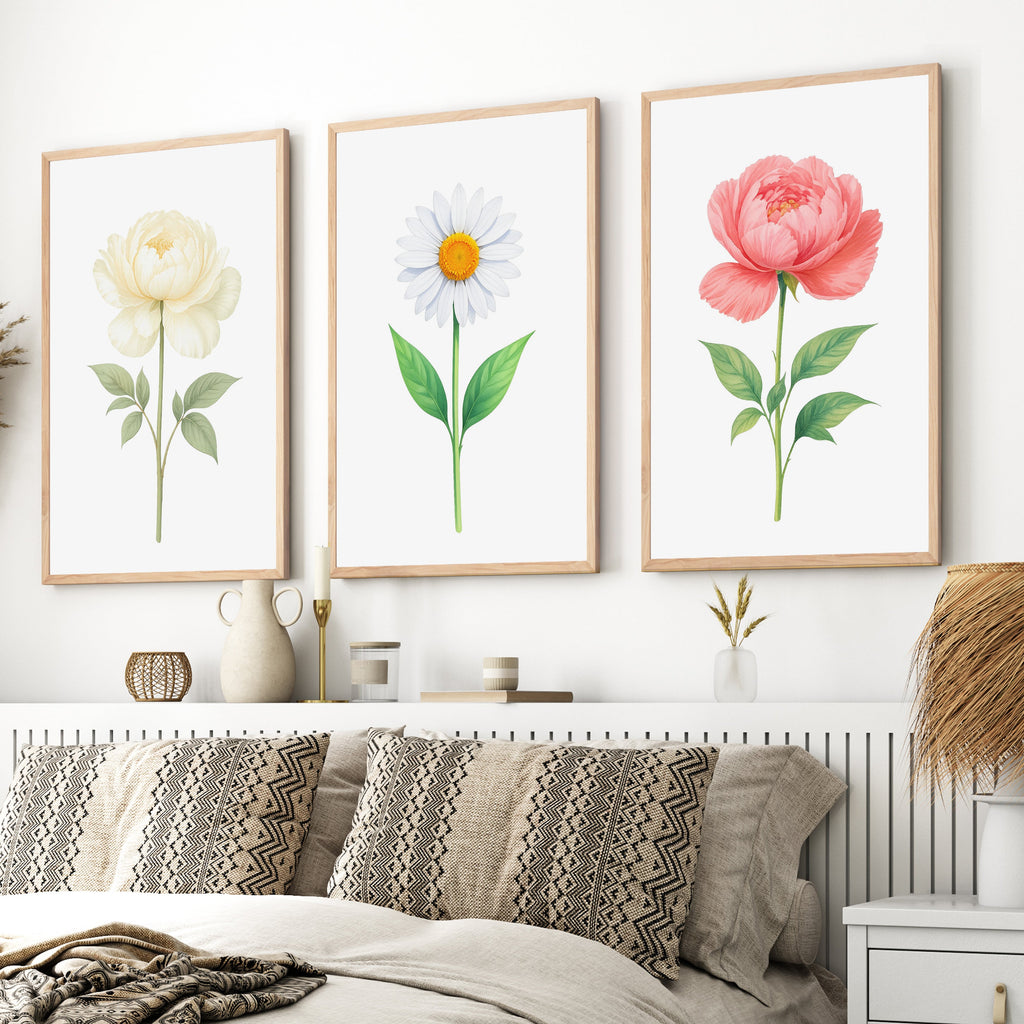 Floral Prints – Peony and Daisy Botanical Wall Art Set of 3