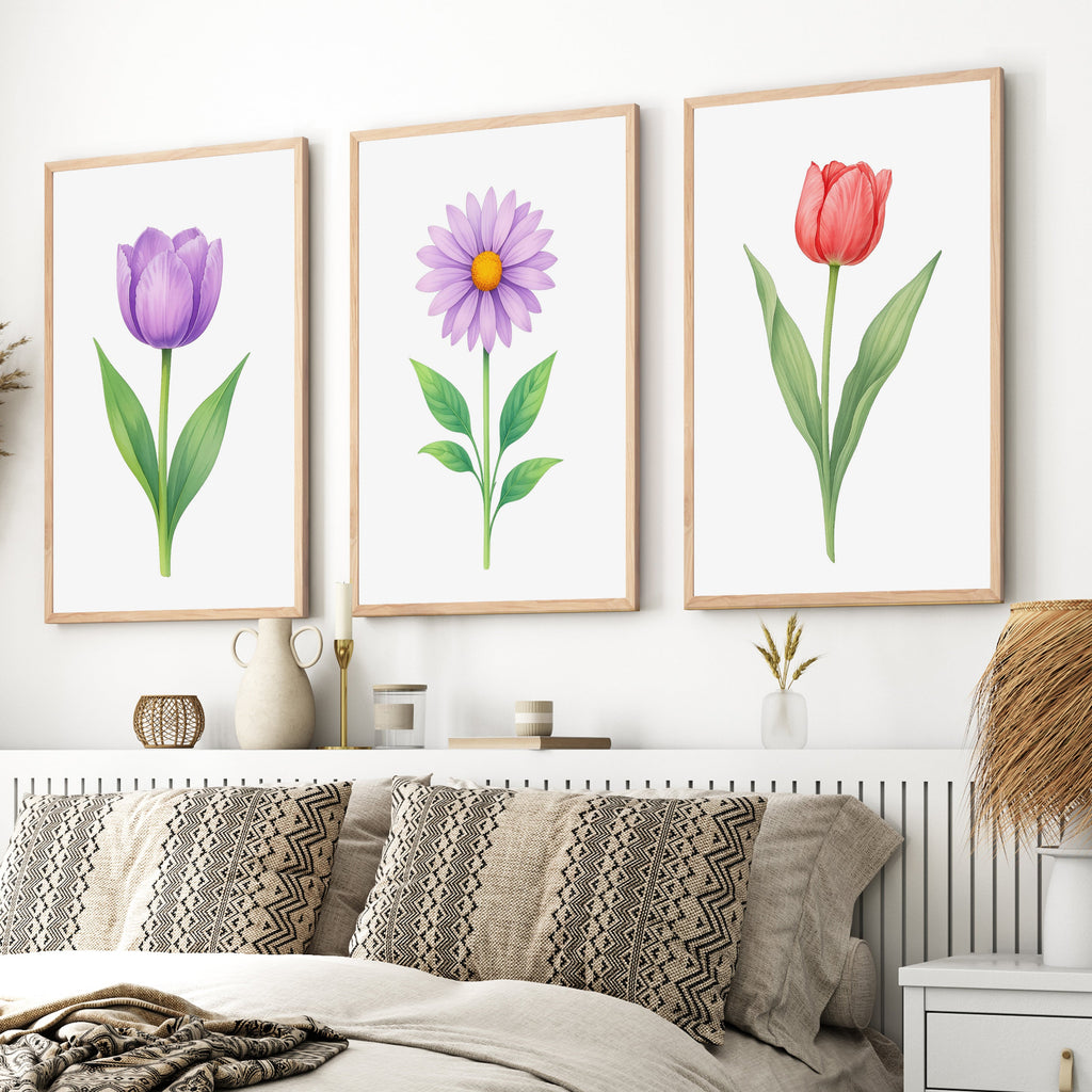 Floral Prints – Purple Tulip, Daisy and Red Tulip Botanical Prints Framed Set of 3