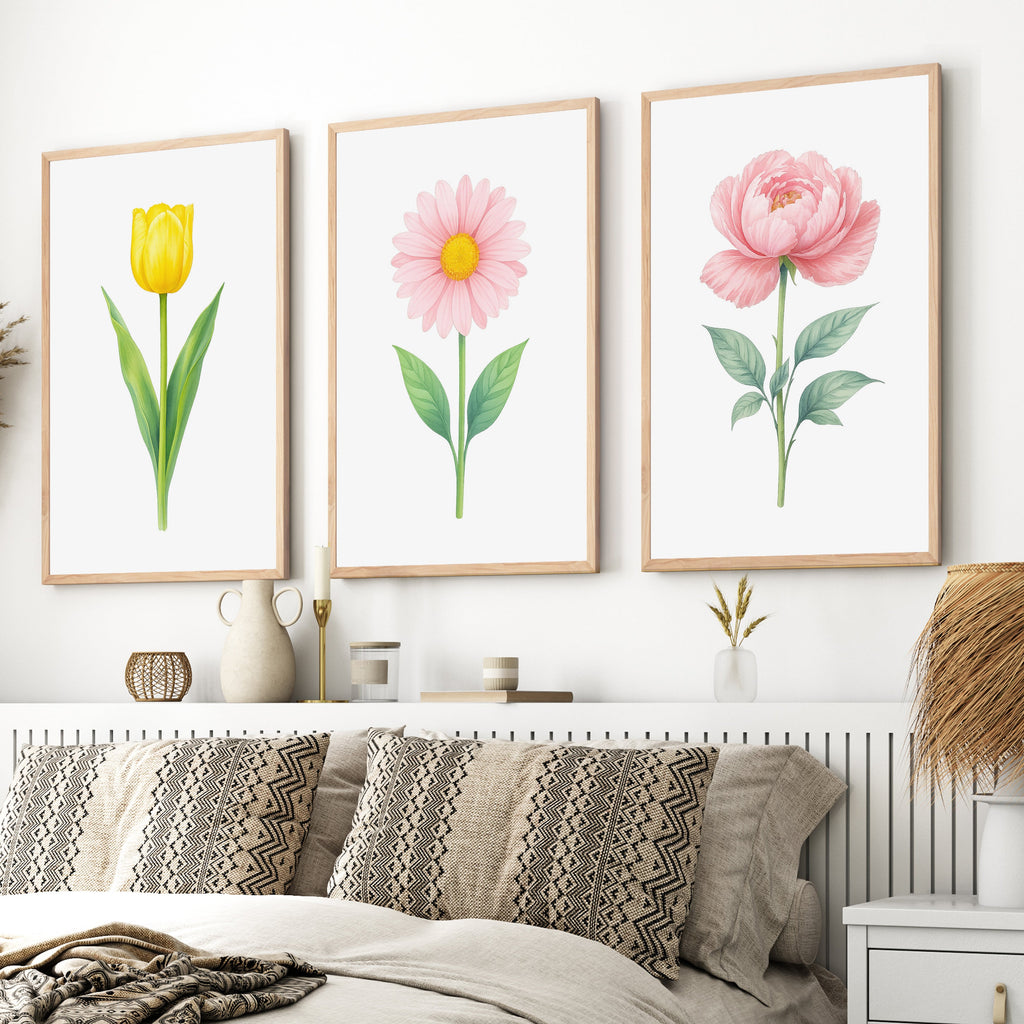 Floral Prints – Tulip, Daisy and Peony Pastel Botanical Wall Art Set of 3