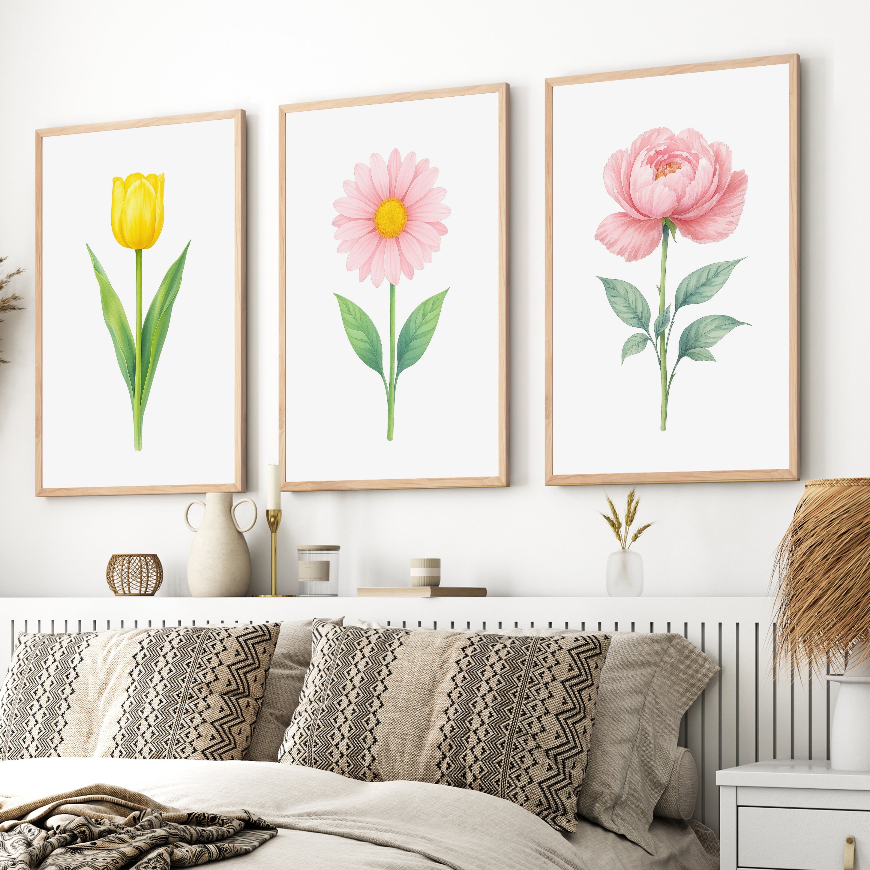 Floral Prints – Tulip, Daisy and Peony Pastel Botanical Wall Art Set of 3