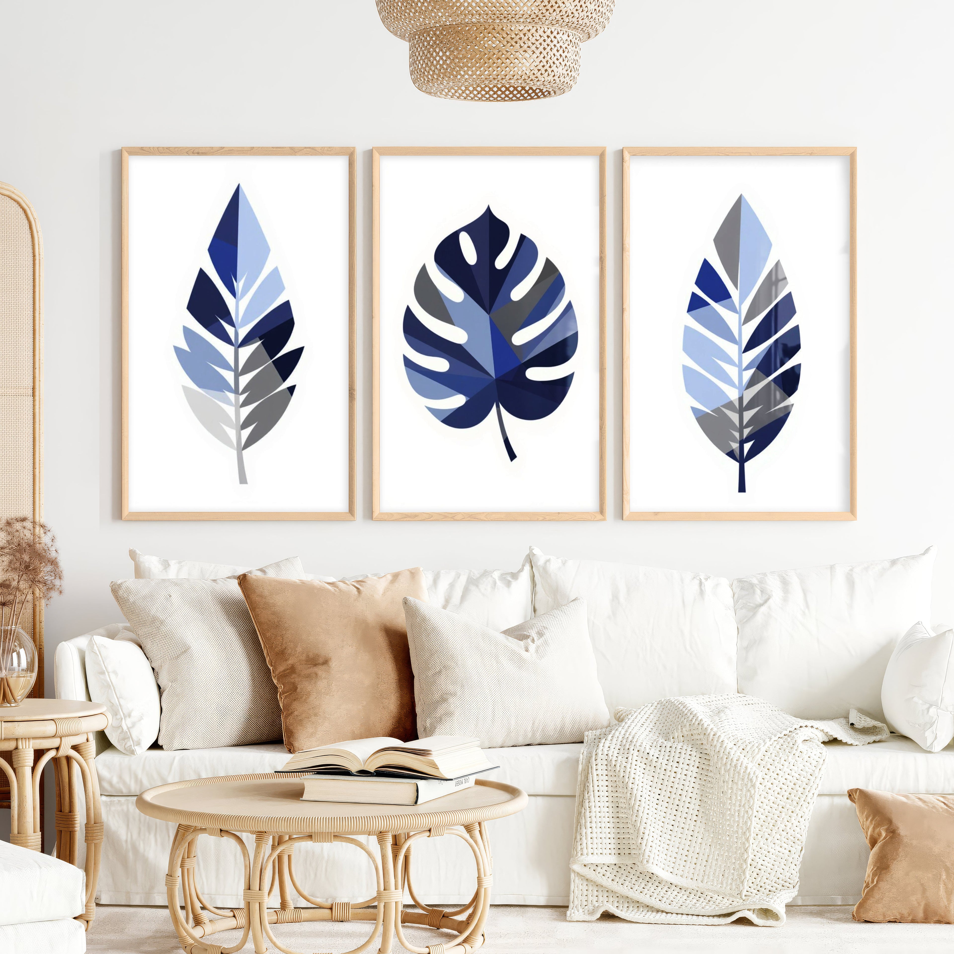 Blue Botanical Leaf Art – Floral Wall Painting Set of 3