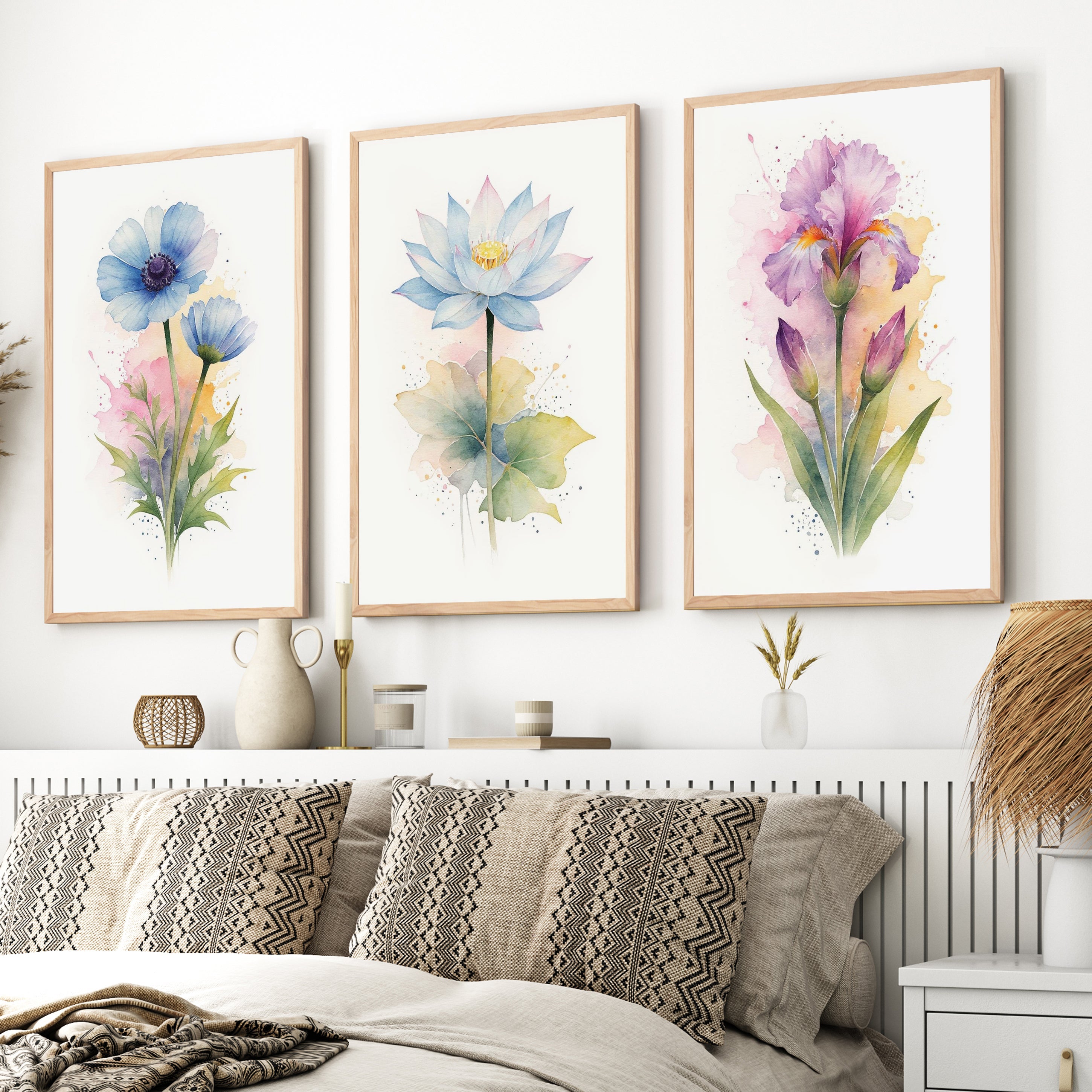 Flower Framed Art – Watercolor Botanical Set of 3