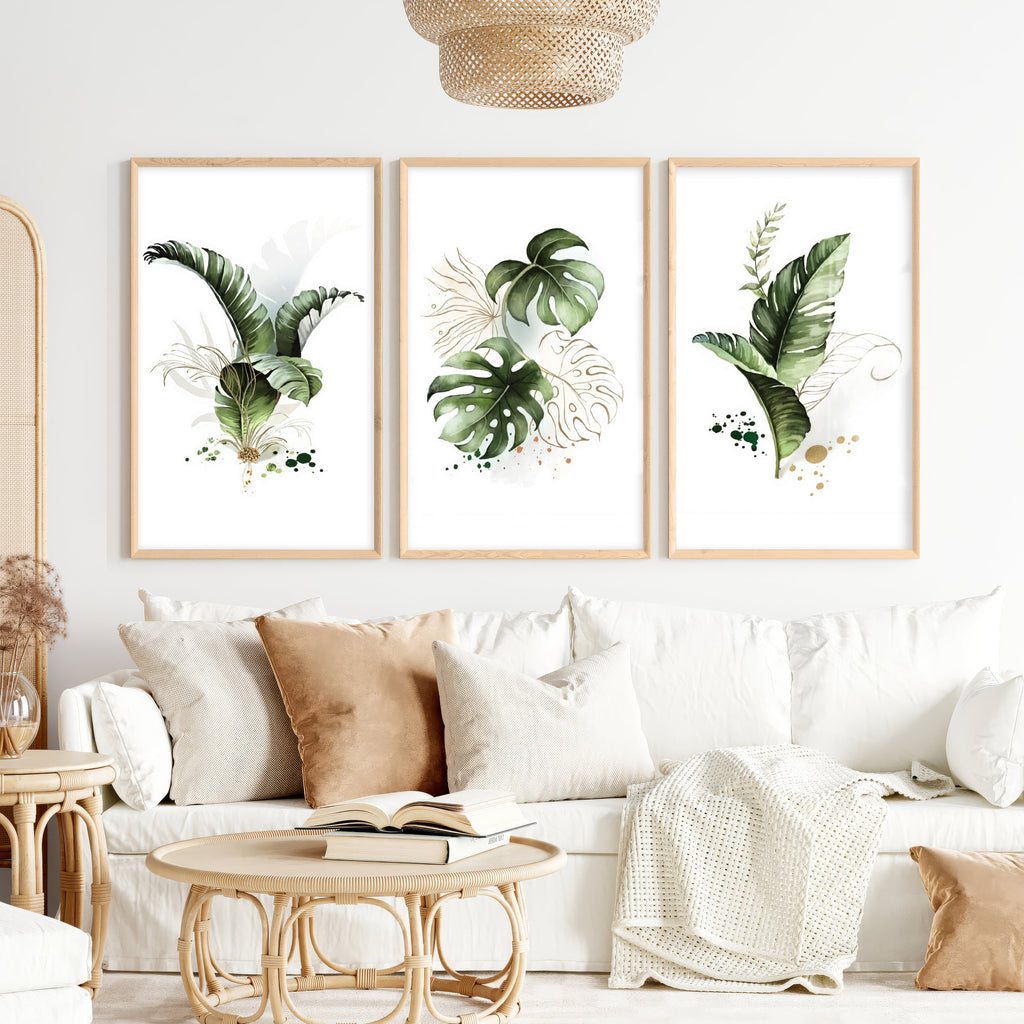Framed Botanical Wall Art Green Monstera Leaf Set of 3