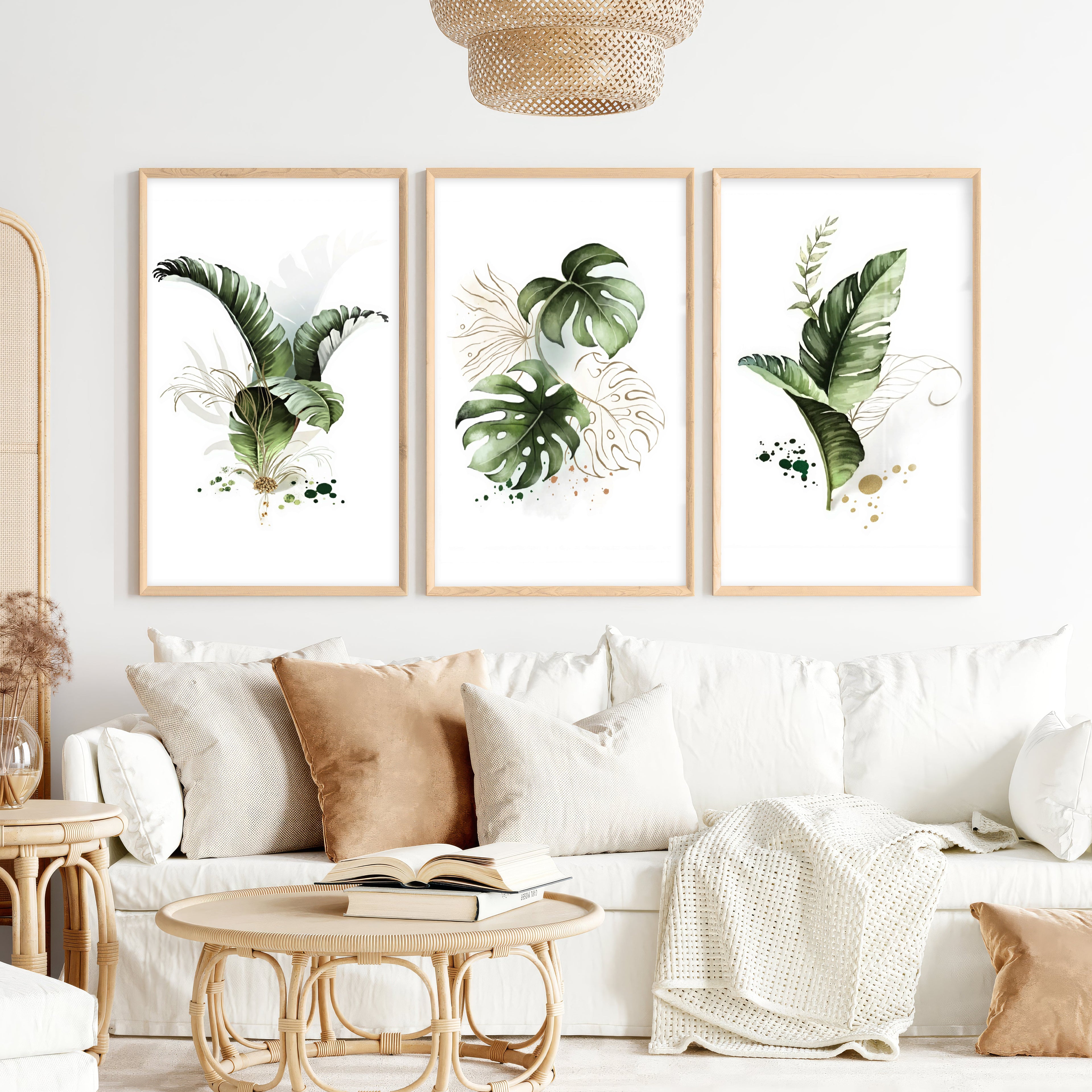 Framed Botanical Wall Art Green Monstera Leaf Set of 3
