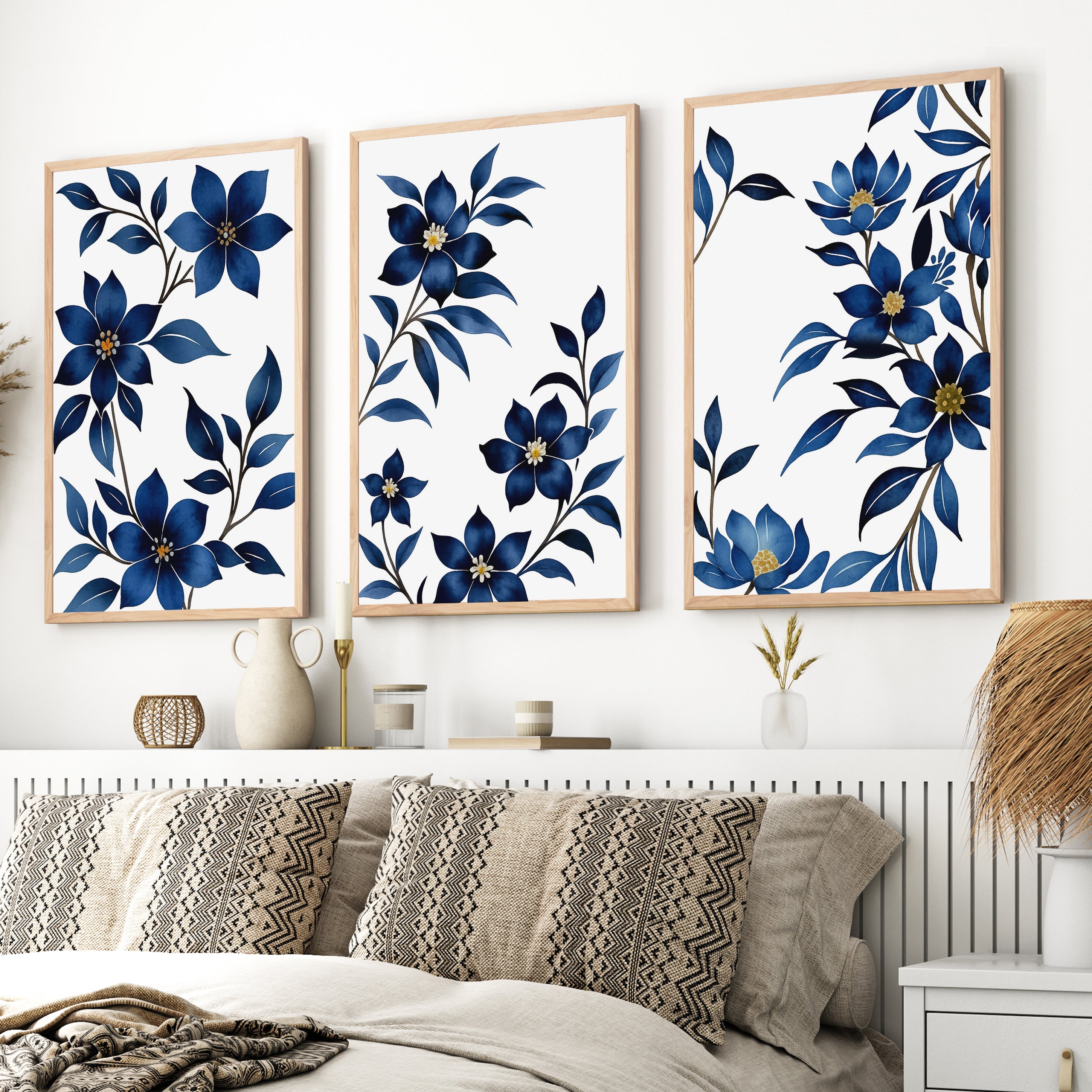 Framed Vintage Floral Prints – Blue Botanical Set of 3
