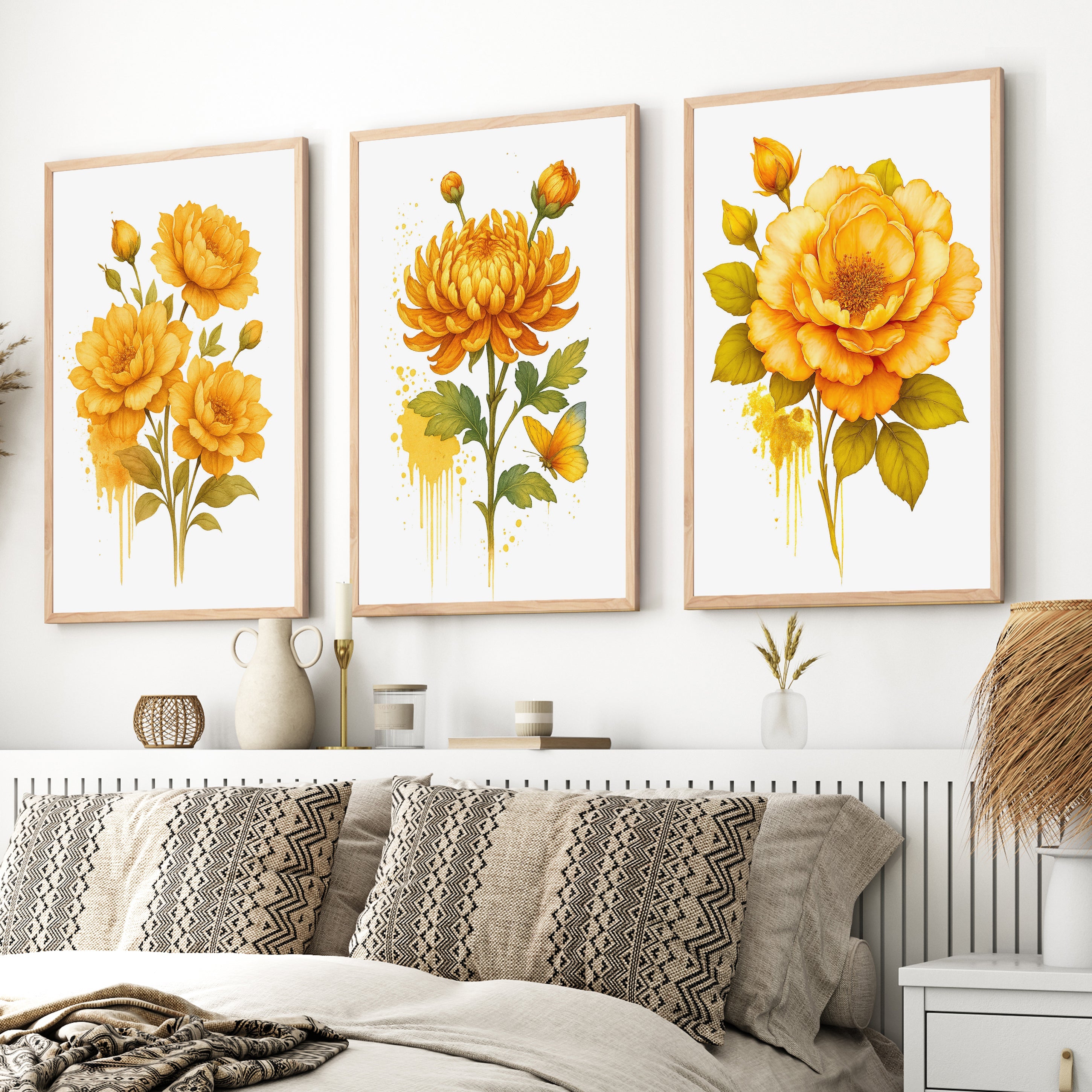 Framed Wall Art Botanical – Yellow Roses and Chrysanthemum Set of 3