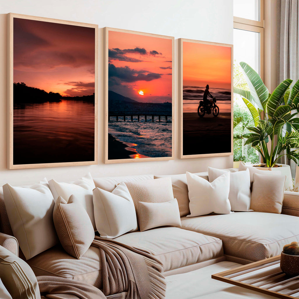 Gallery Wall Frame Set – Pink Sunset, Beach Rider & Pier (Set of 3)