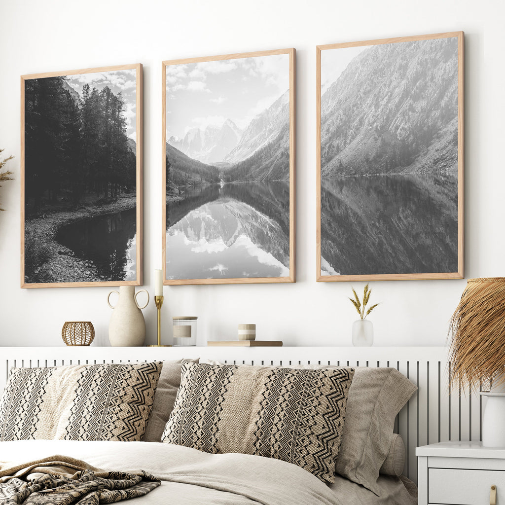 Glacier National Park Triptych – Black White Mountain Lake Wall Art Set of 3
