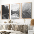 Glacier National Park Triptych – Black White Mountain Lake Wall Art Set of 3