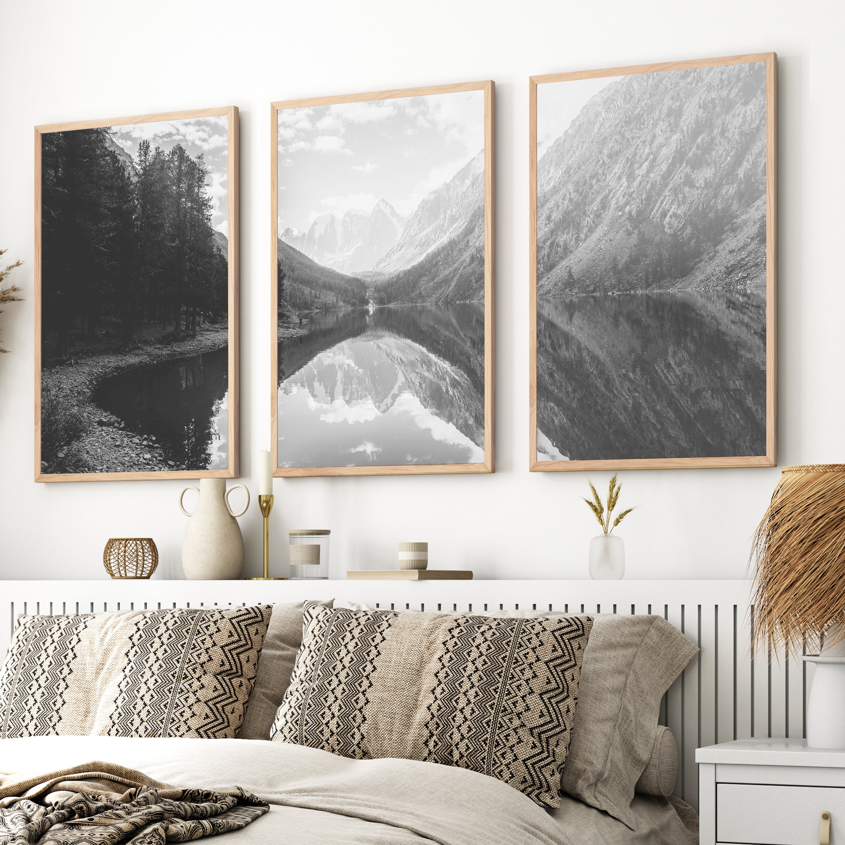 Glacier National Park Triptych – Black White Mountain Lake Wall Art Set of 3