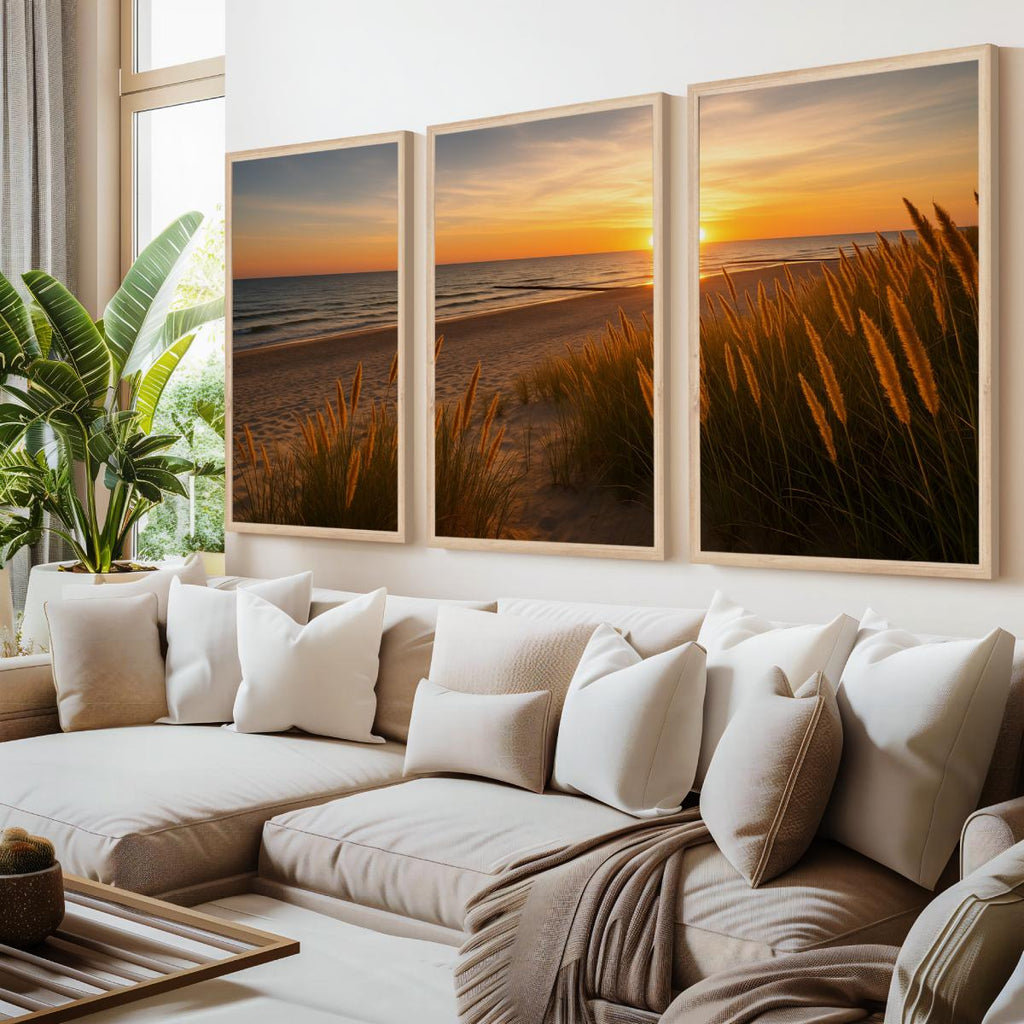 Golden Dune Sunset – 3-Panel Coastal Beach Wall Art