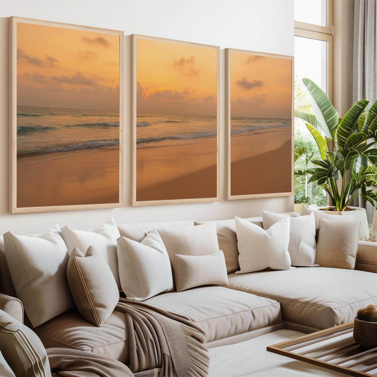 Golden Horizon Sunset Triptych – Warm Ocean View Wall Art