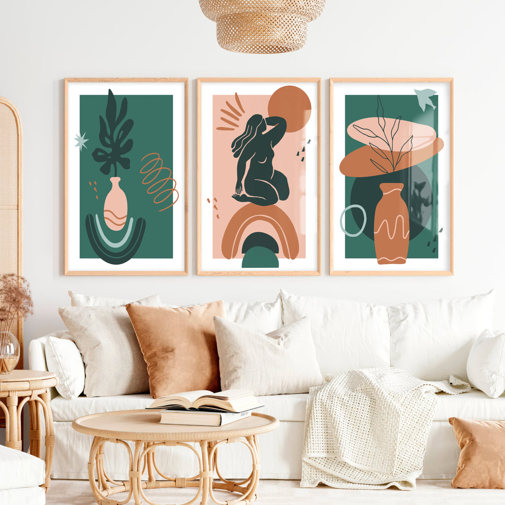 Green Abstract Painting Matisse Inspired Modern Figure Set of 3
