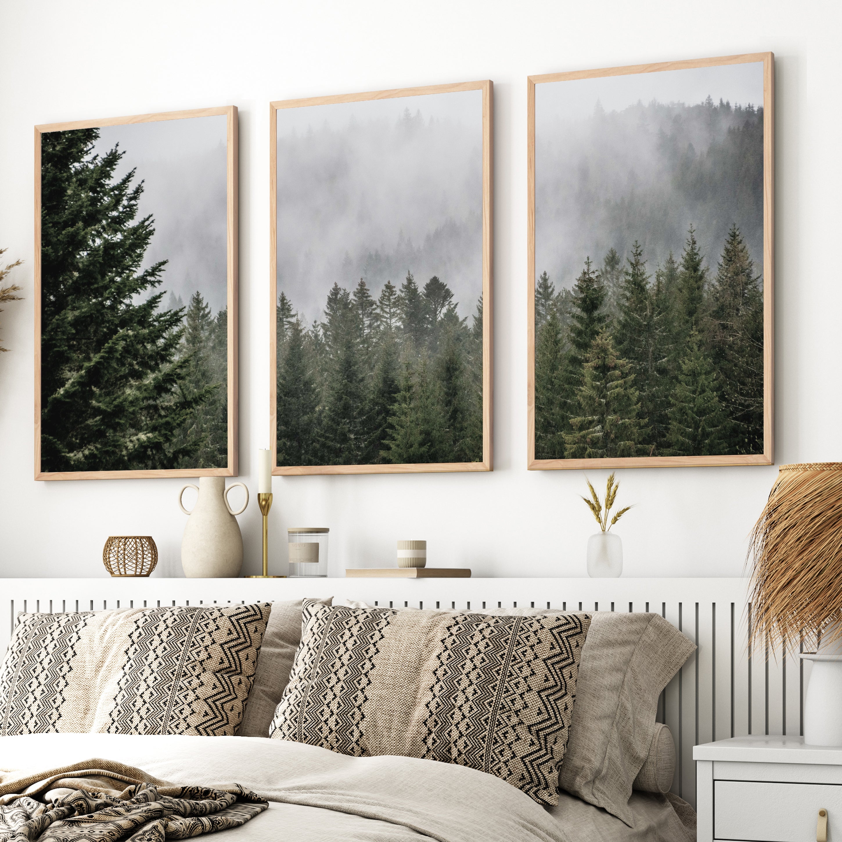 Green Pine Tree Forest and Large Mountain Wall Art Print
