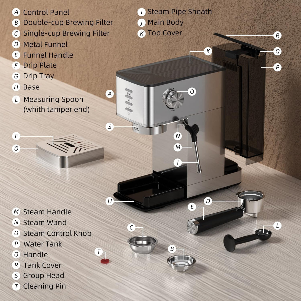 Kismile Espresso Coffee Maker Machine 20 Bar, with Milk Frother Steam Wand CM8032