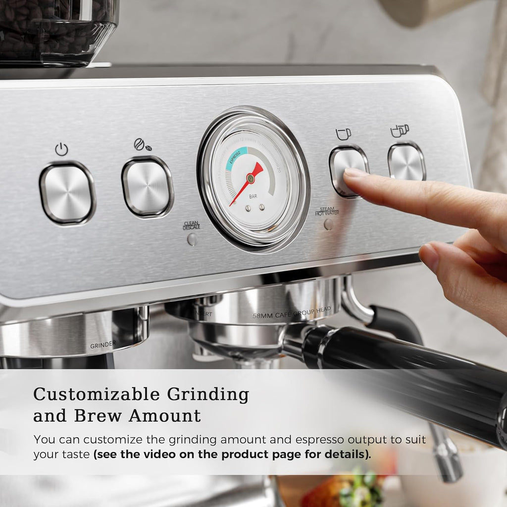 Kismile Espresso Machine, Semi-Automatic Coffee Maker with Bean Grinder and Milk Frother Steam Wand
