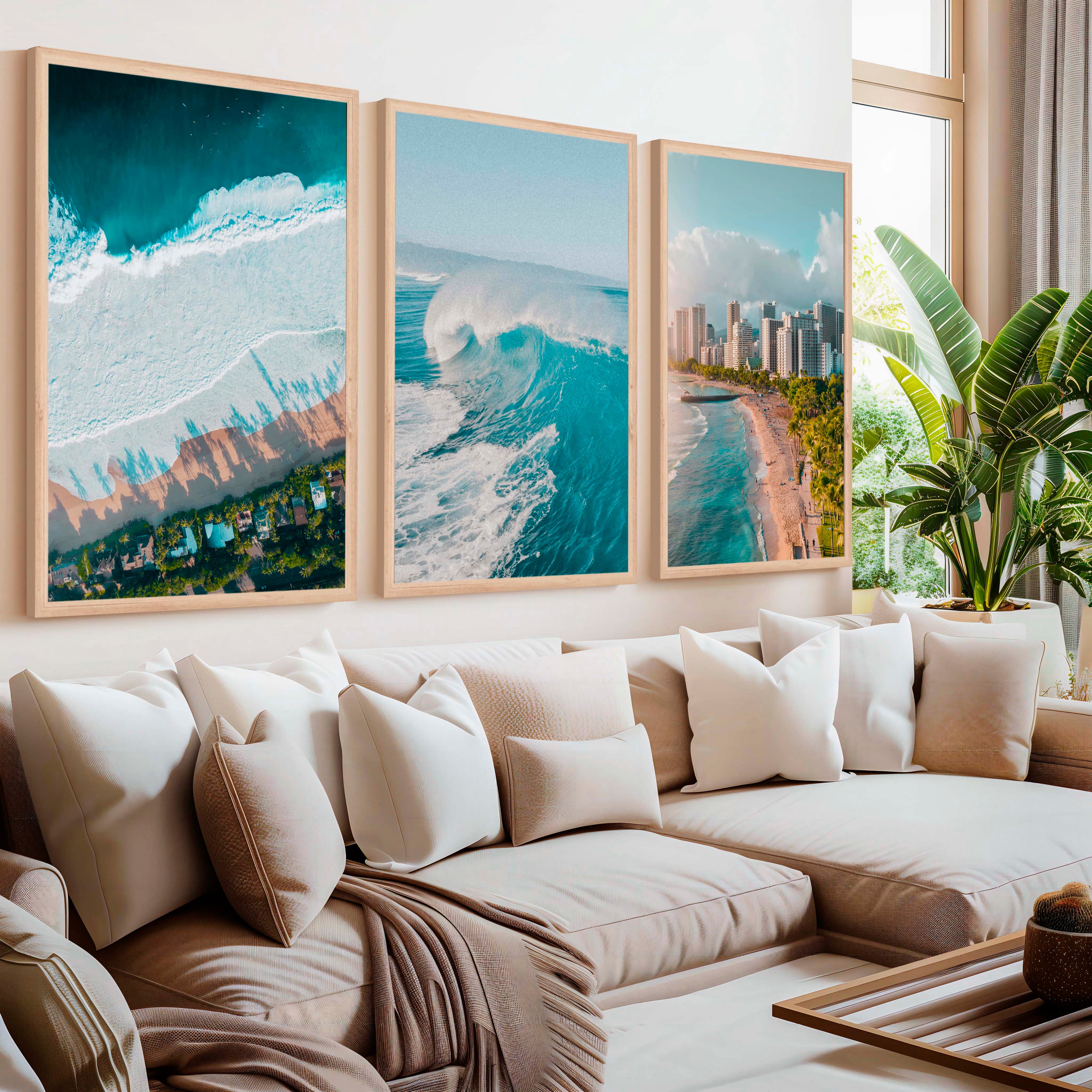 Large Coastal Wall Art – City, Wave & Ocean Panorama (3 Pieces)