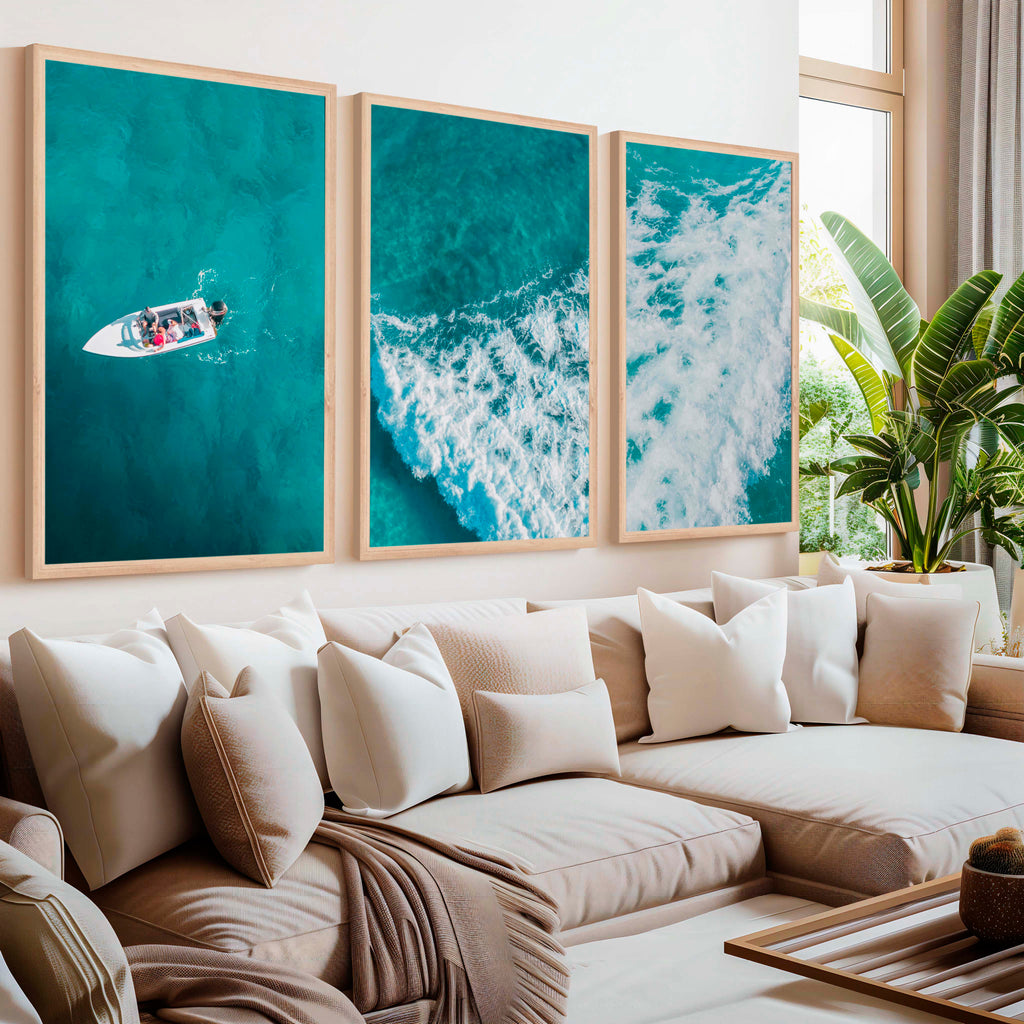 Large Nautical Wall Art – Ocean Wave & Boat Aerial Prints (Set of 3)
