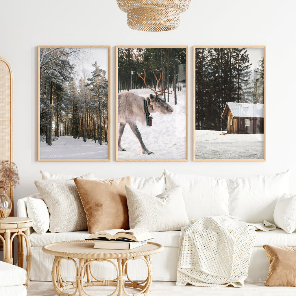 Wall Art Winter Triptych – Deer, Snowy Forest & Cabin
