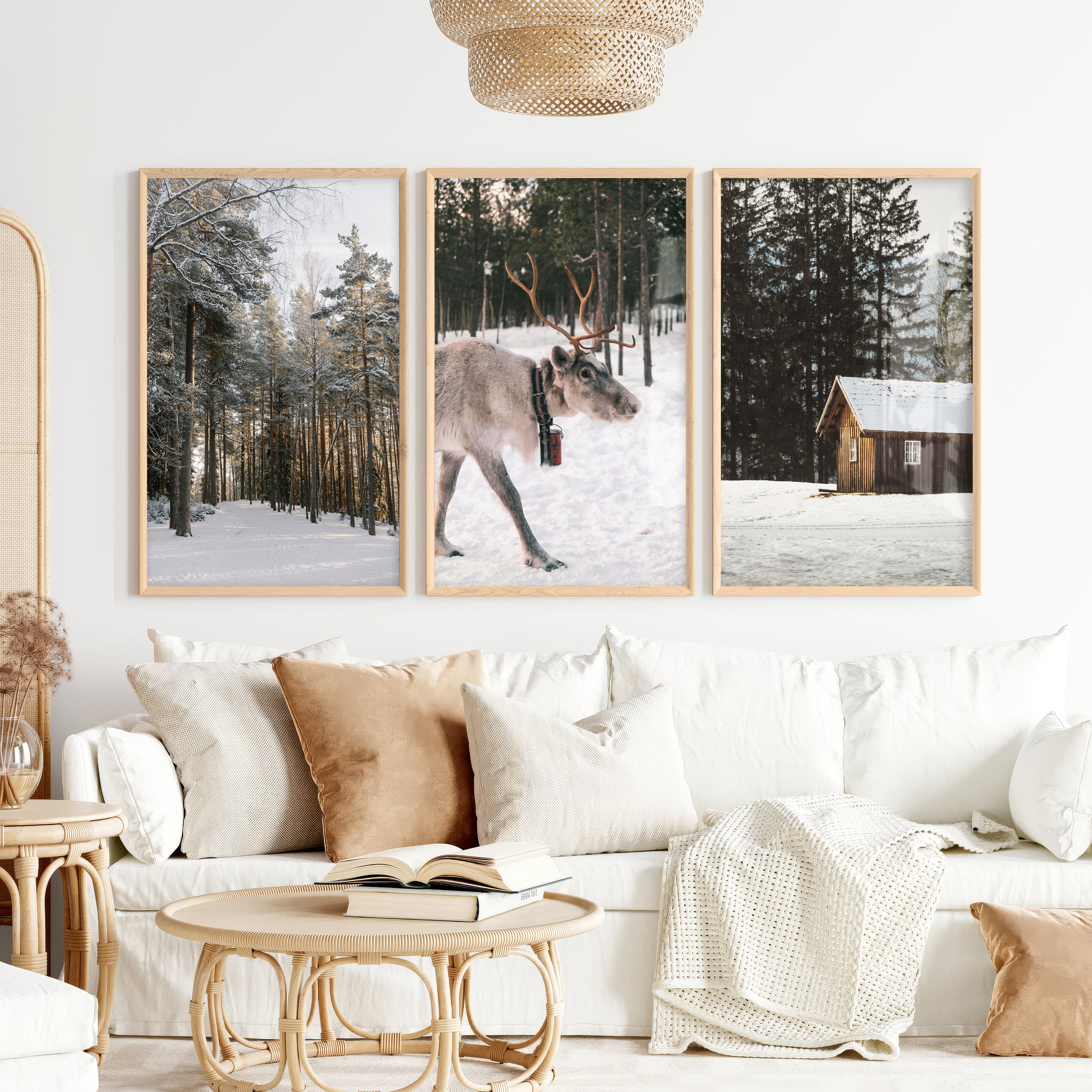 Wall Art Winter Triptych – Deer, Snowy Forest & Cabin