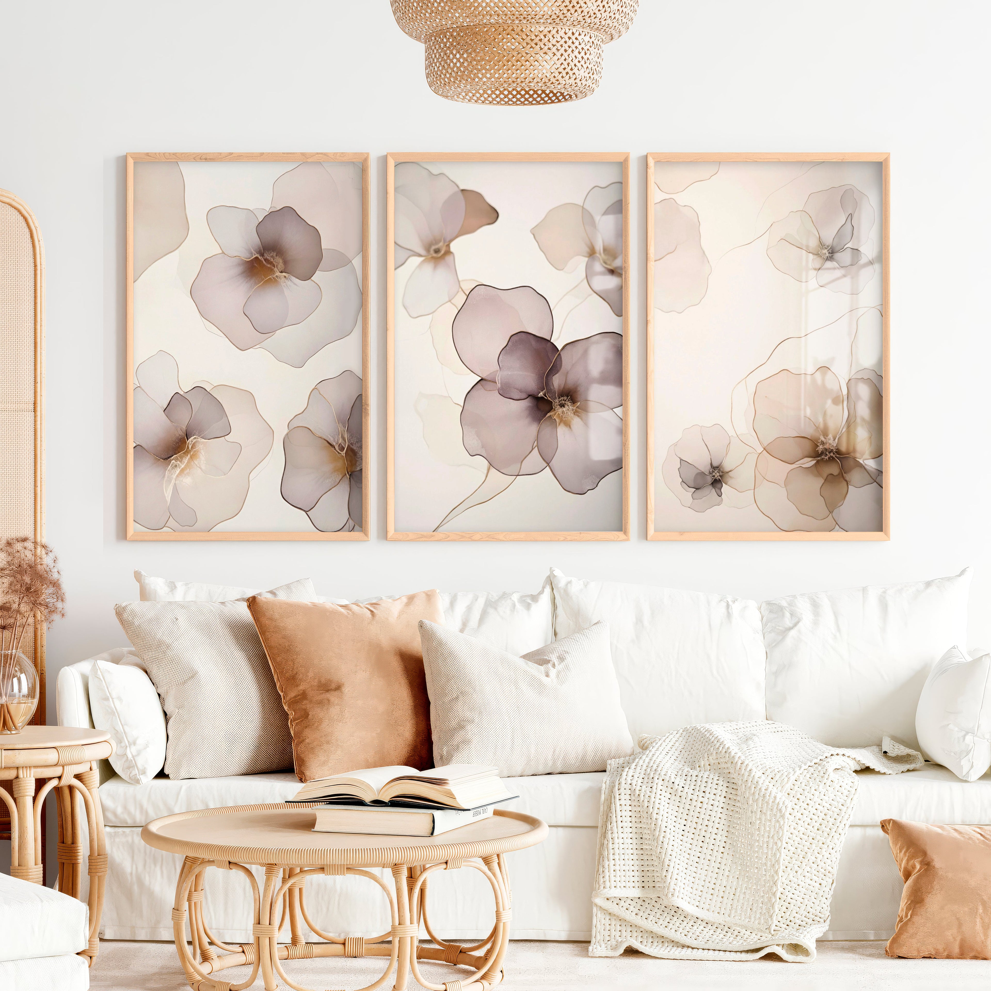 Modern Abstract Flower Paintings Neutral Blush Set of 3