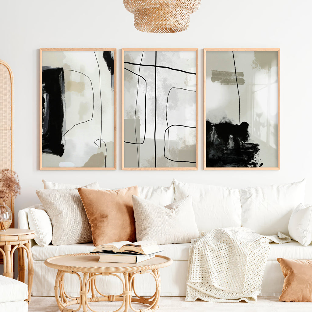 Modern and Abstract Paintings Black White Minimal Set of 3