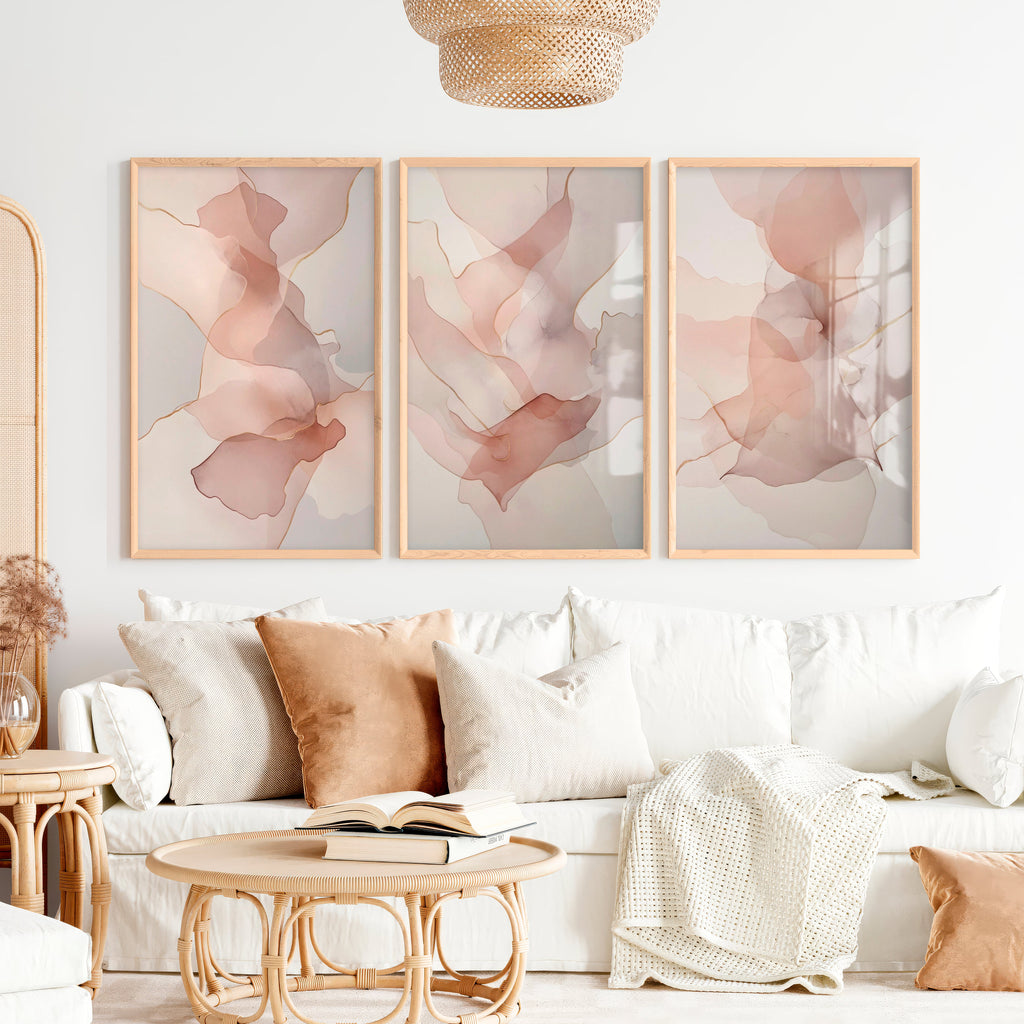 Modern Artwork Abstract Soft Blush Fluid Set of 3